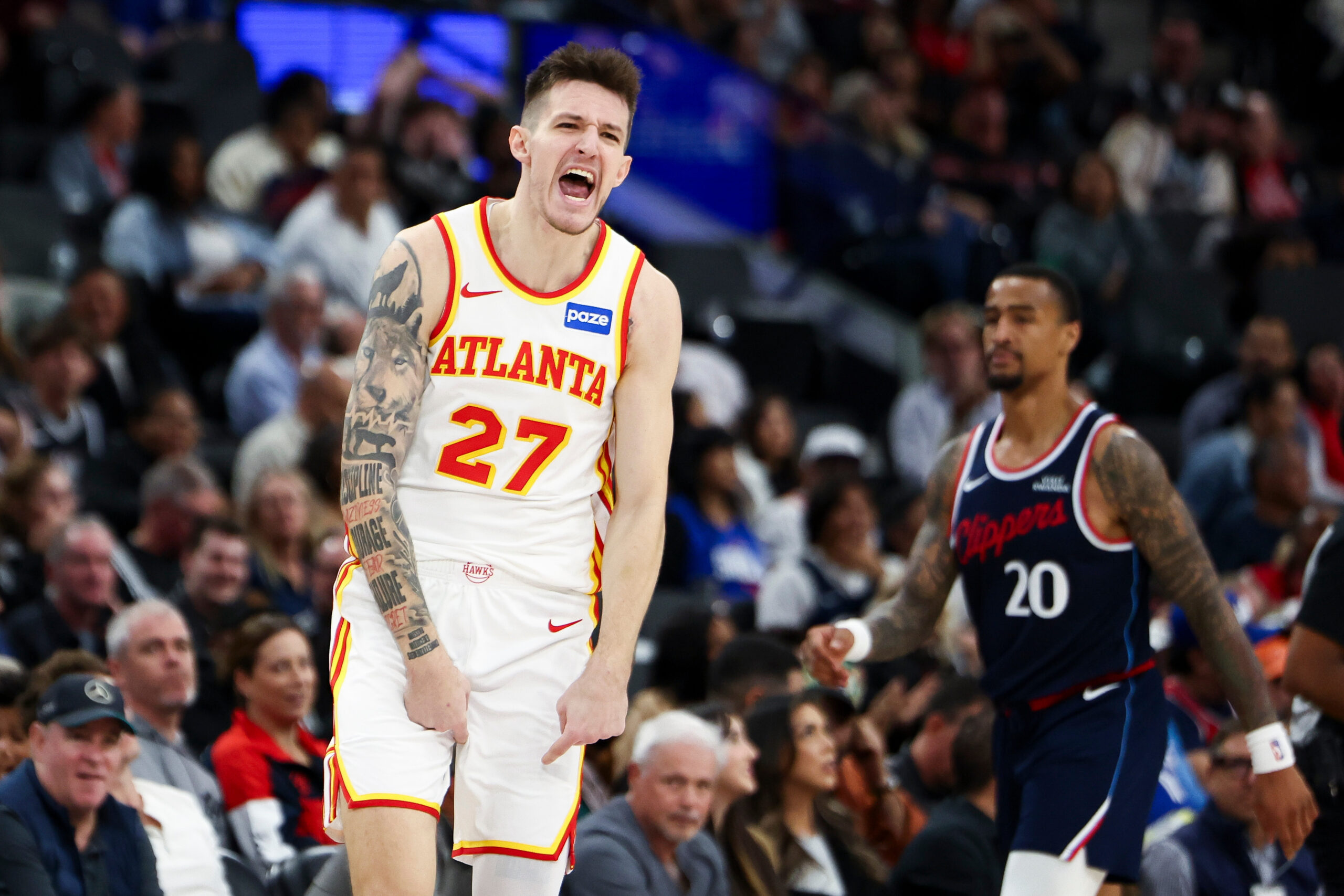 Atlanta Hawks guard Vit Krejci (27) reacts as Clippers forward...