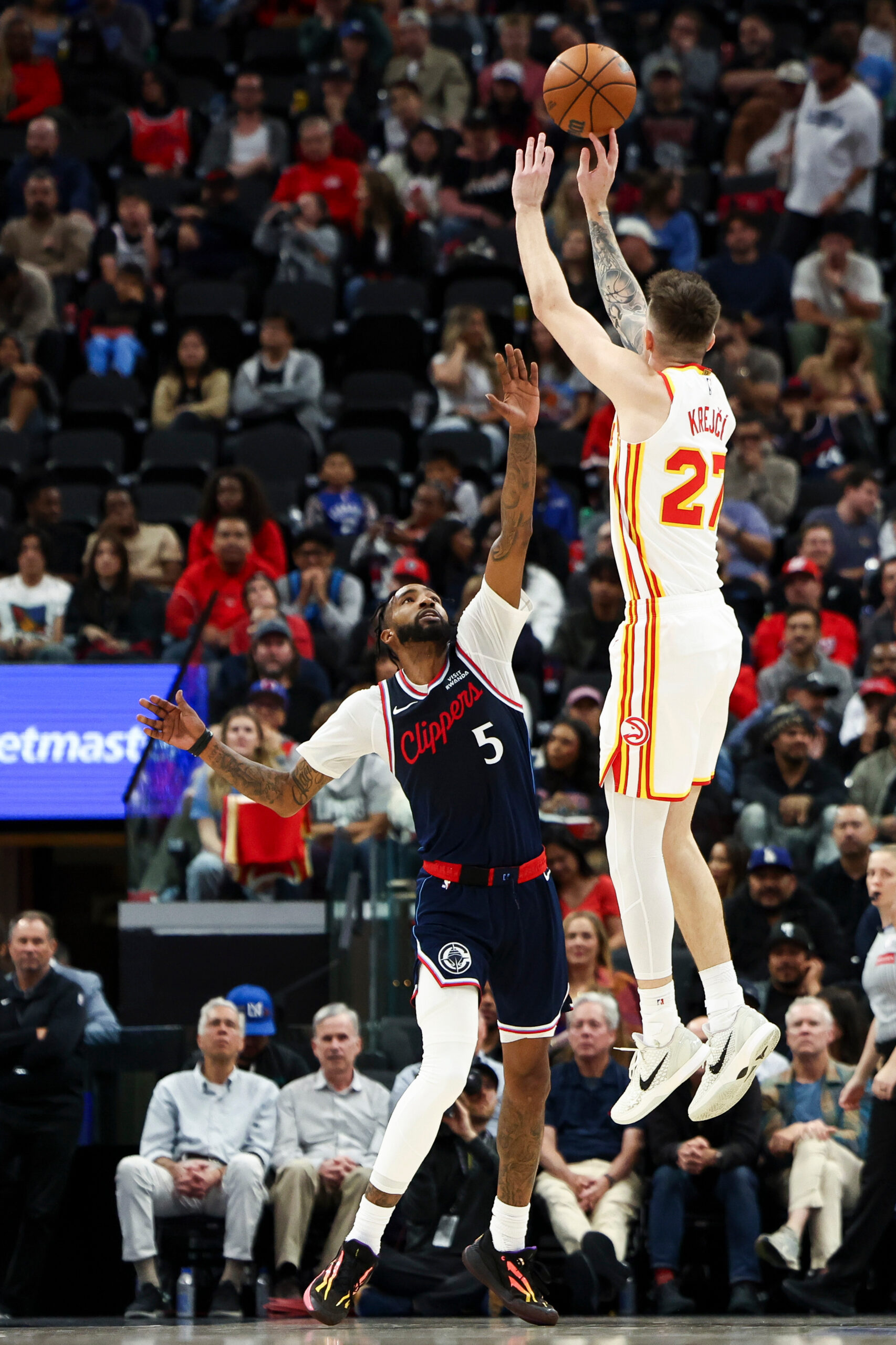 Atlanta Hawks guard Vit Krejci (27) shoots over Clippers forward...