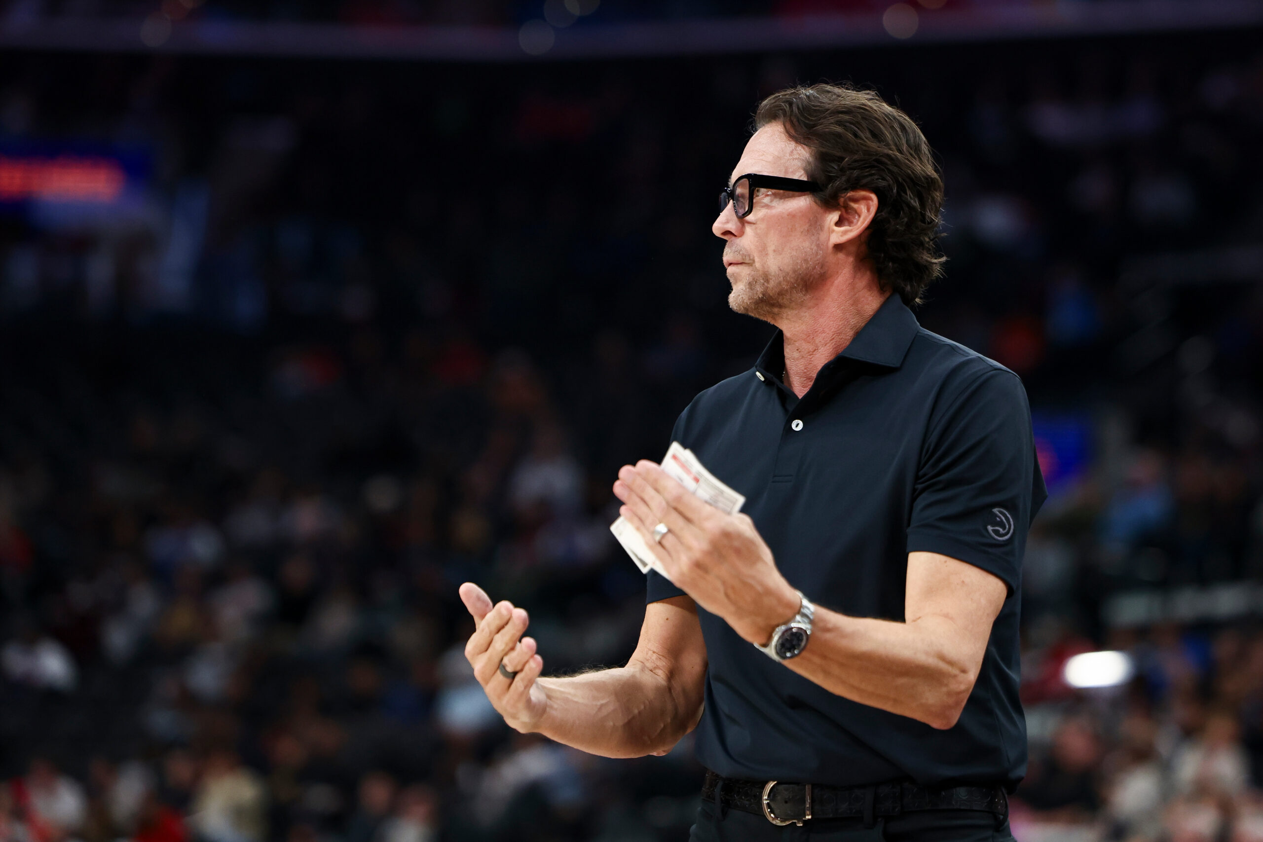 Atlanta Hawks head coach Quin Snyder gestures during the first...