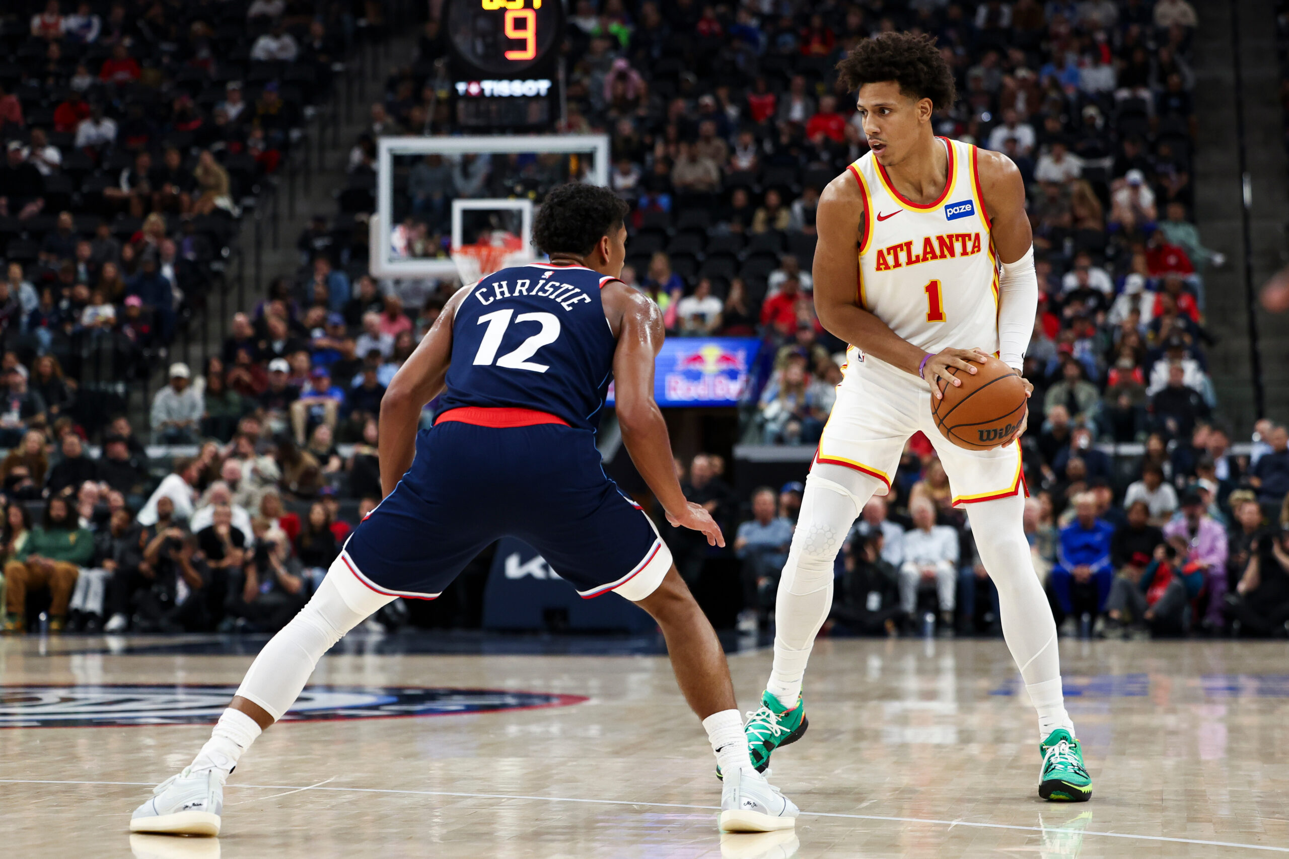 Atlanta Hawks forward Jalen Johnson (1) prepares to dribble against...