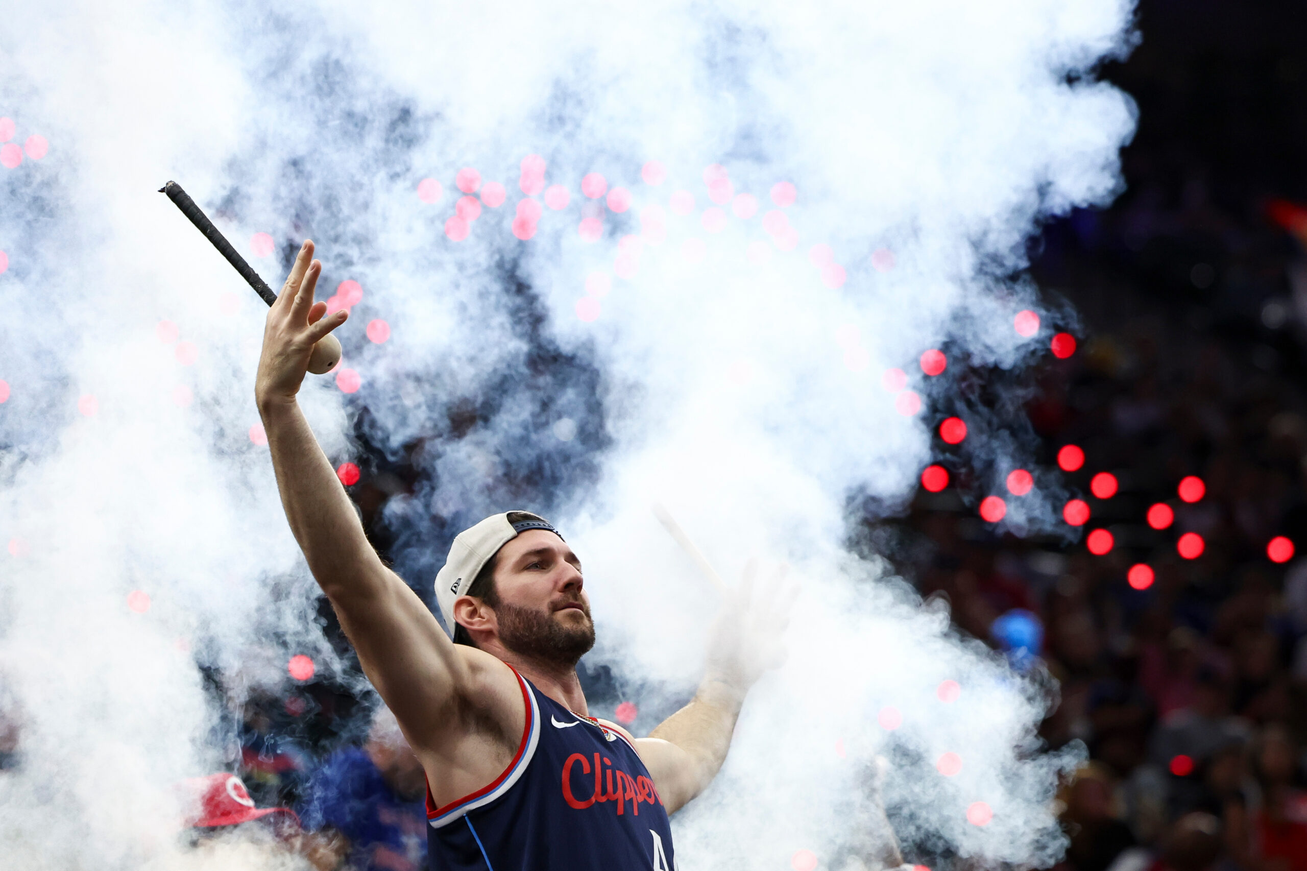A Clippers fan gestures during the second half of a...