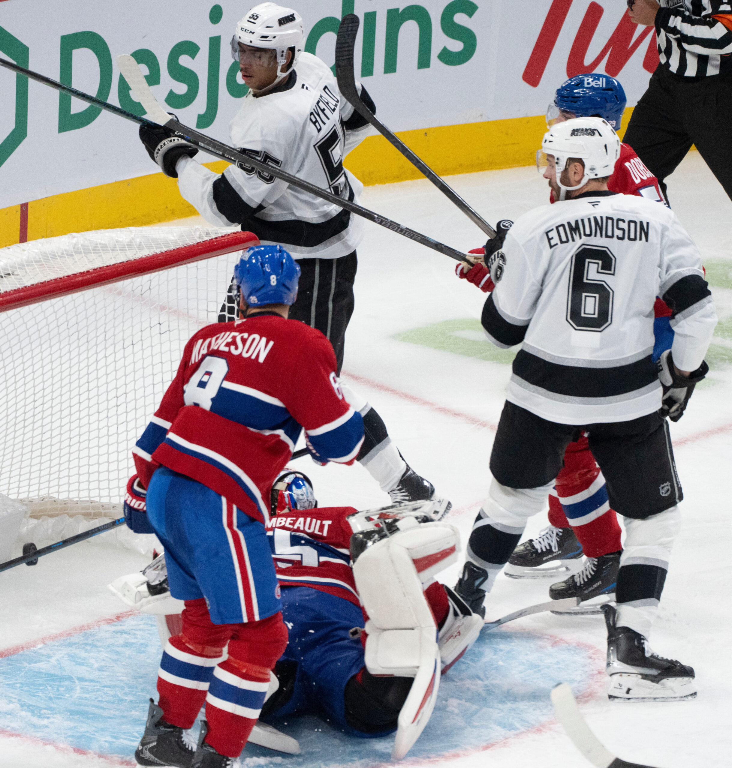 The Kings’ Quinton Byfield scores past Montreal Canadiens goaltender Sam...