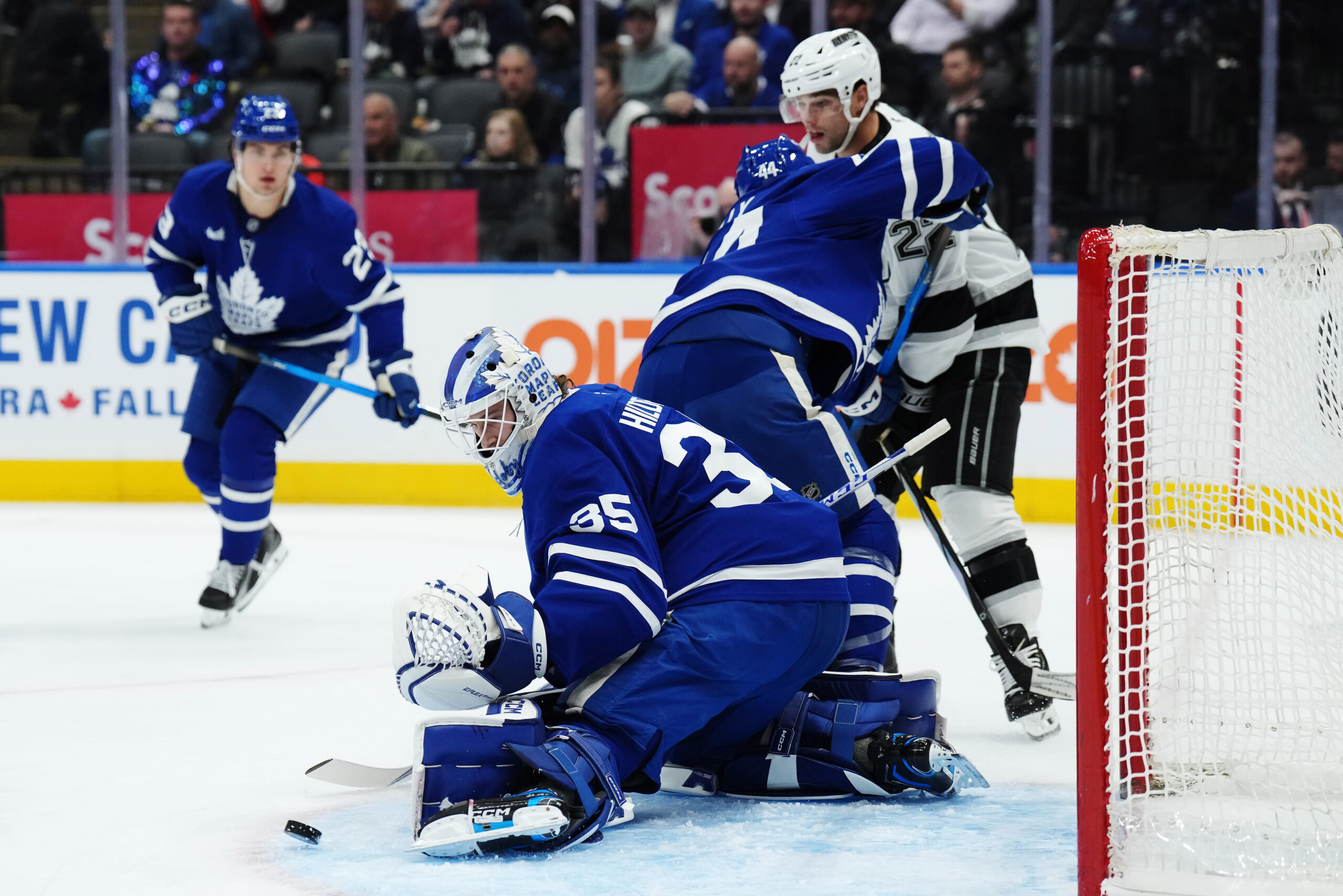 Toronto Maple Leafs goaltender Dennis Hildeby makes a save as...
