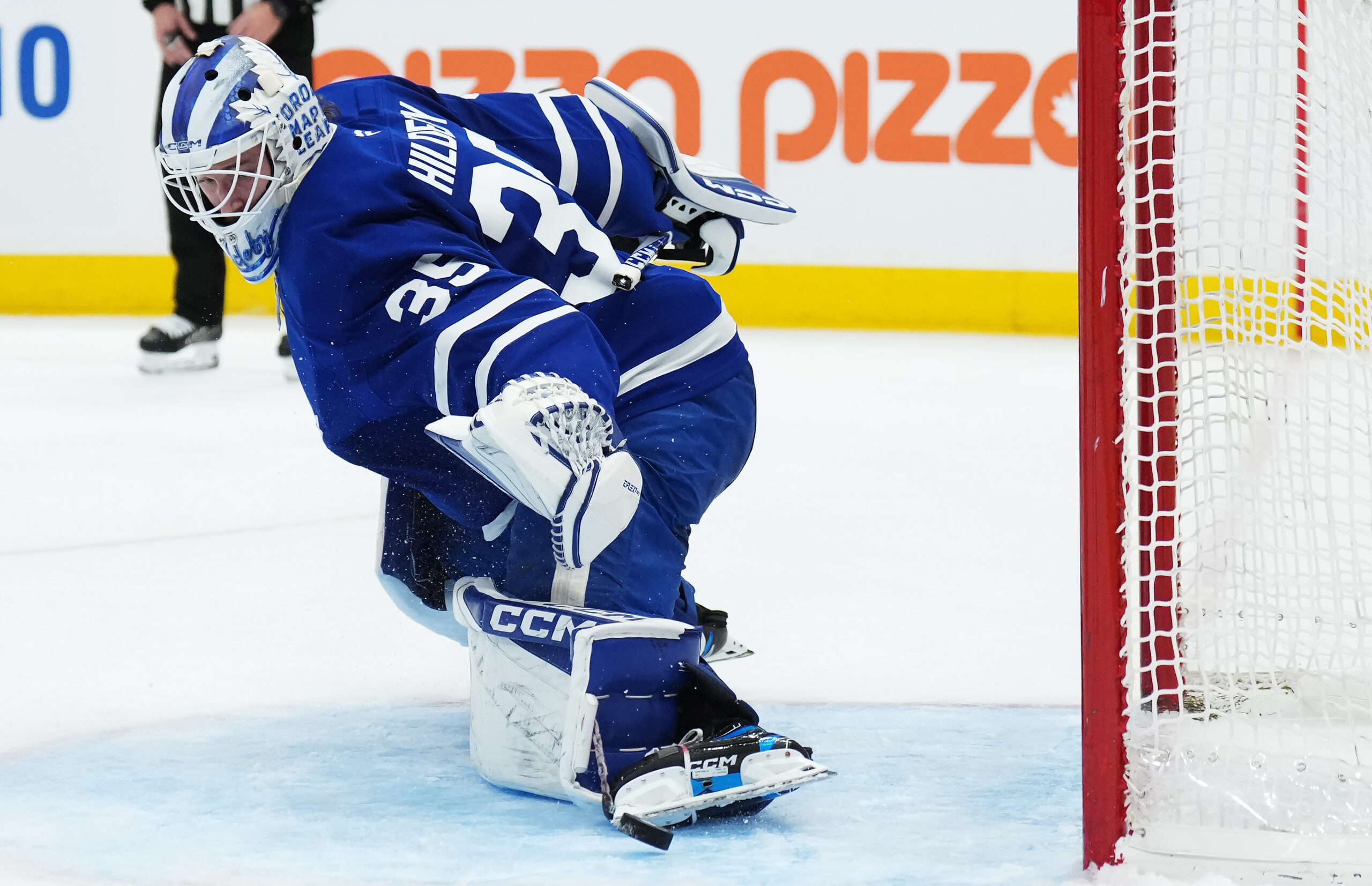 Toronto Maple Leafs goaltender Dennis Hildeby makes a save during...