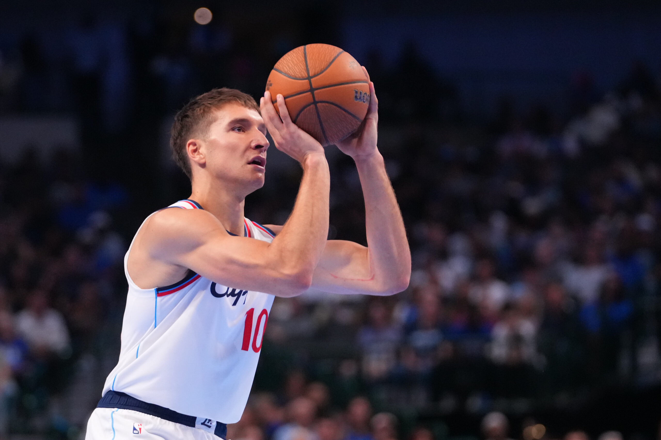Clippers guard Bogdan Bogdanovic shoots against the Dallas Mavericks during...