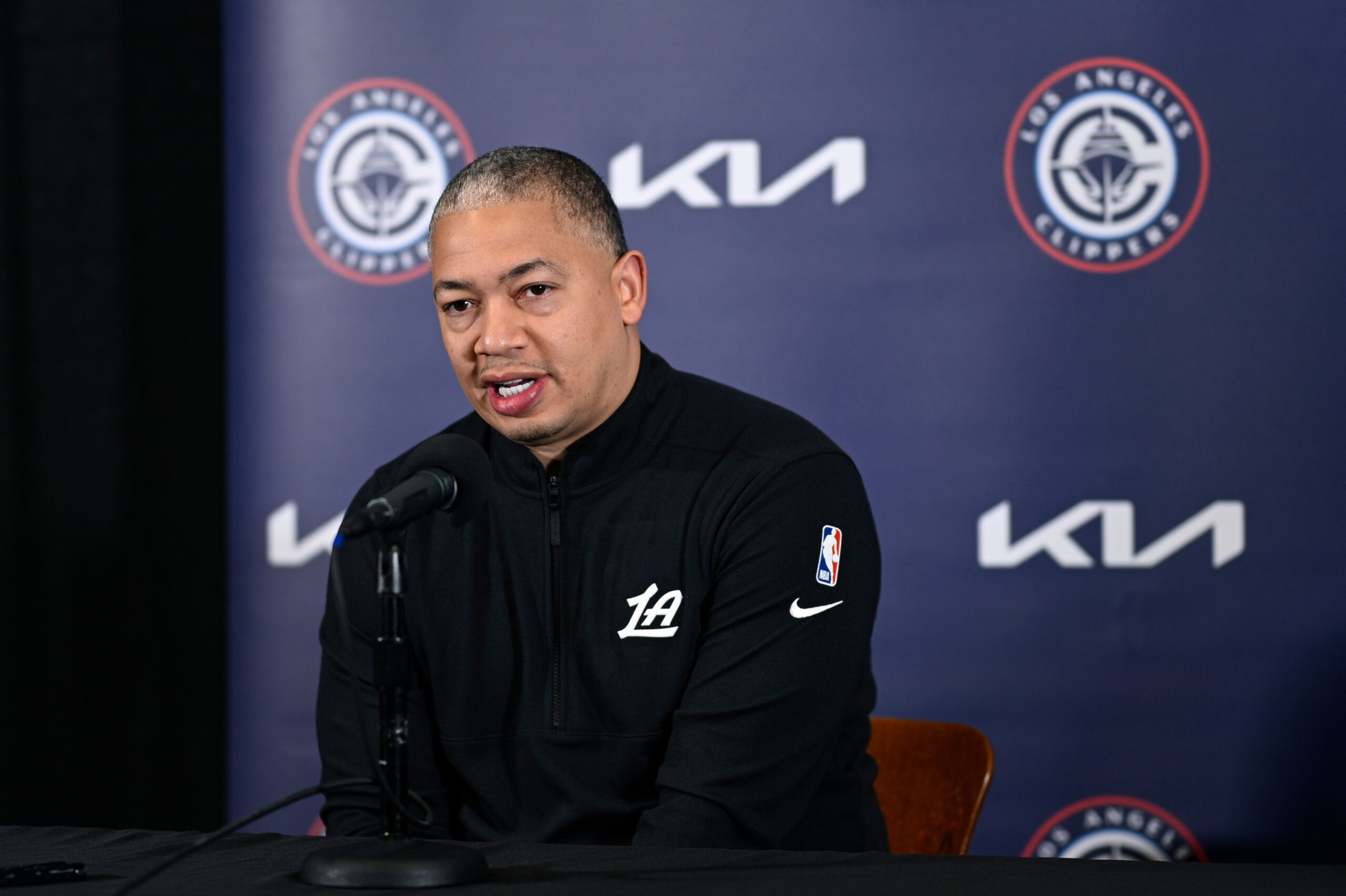 Clippers head coach Tyronn Lue talks with reporters before a...