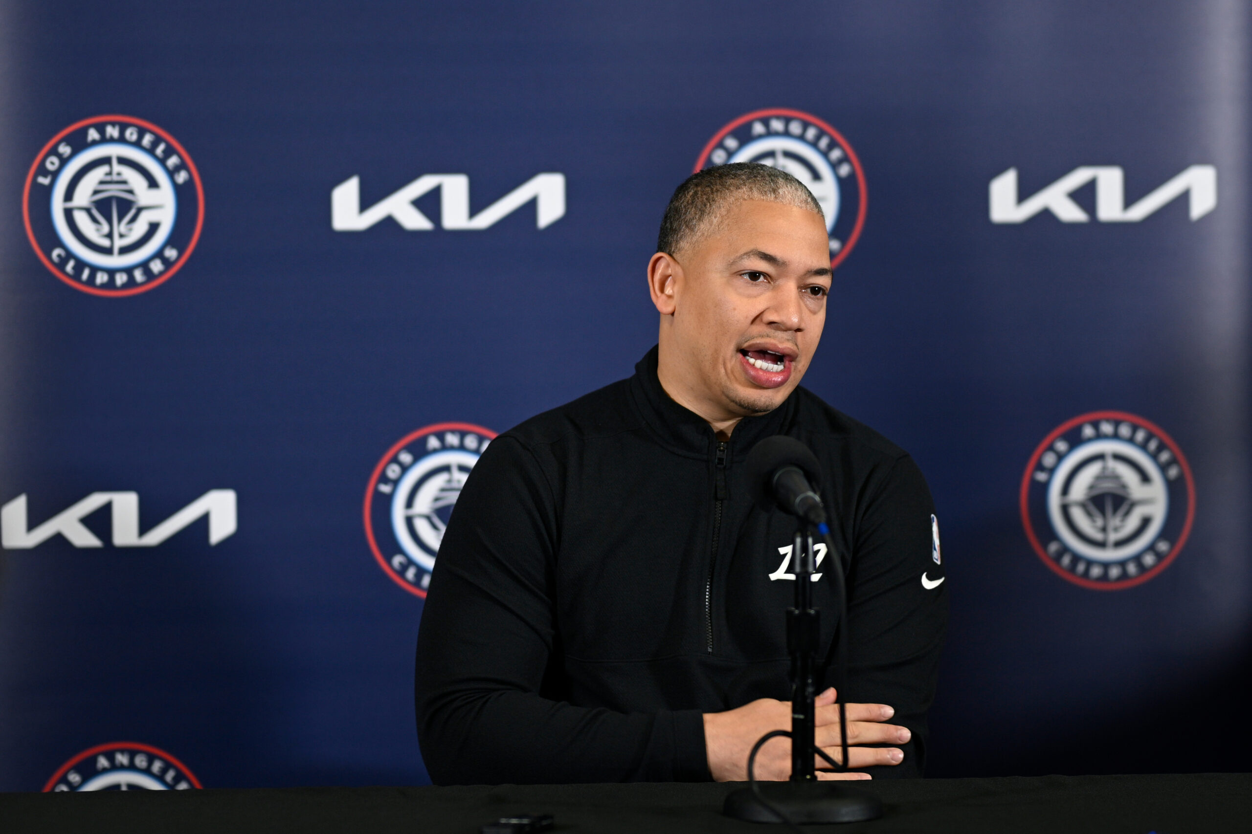Clippers head coach Tyronn Lue talks with reporters before a...