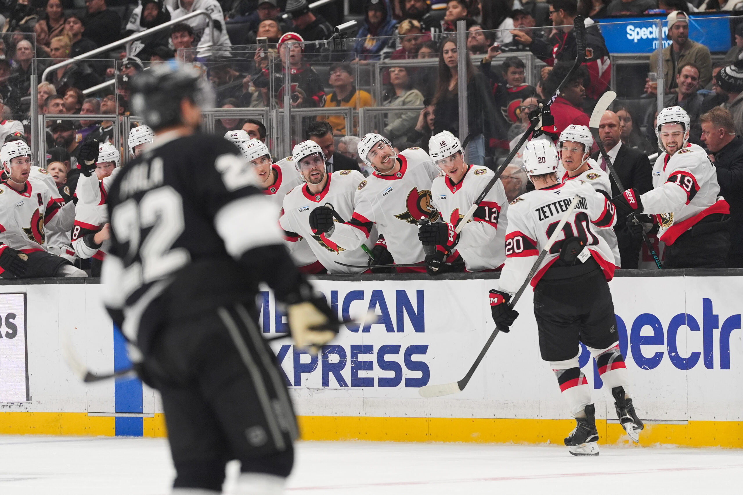 Ottawa Senators left wing Fabian Zetterlund (20) celebrates his goal...