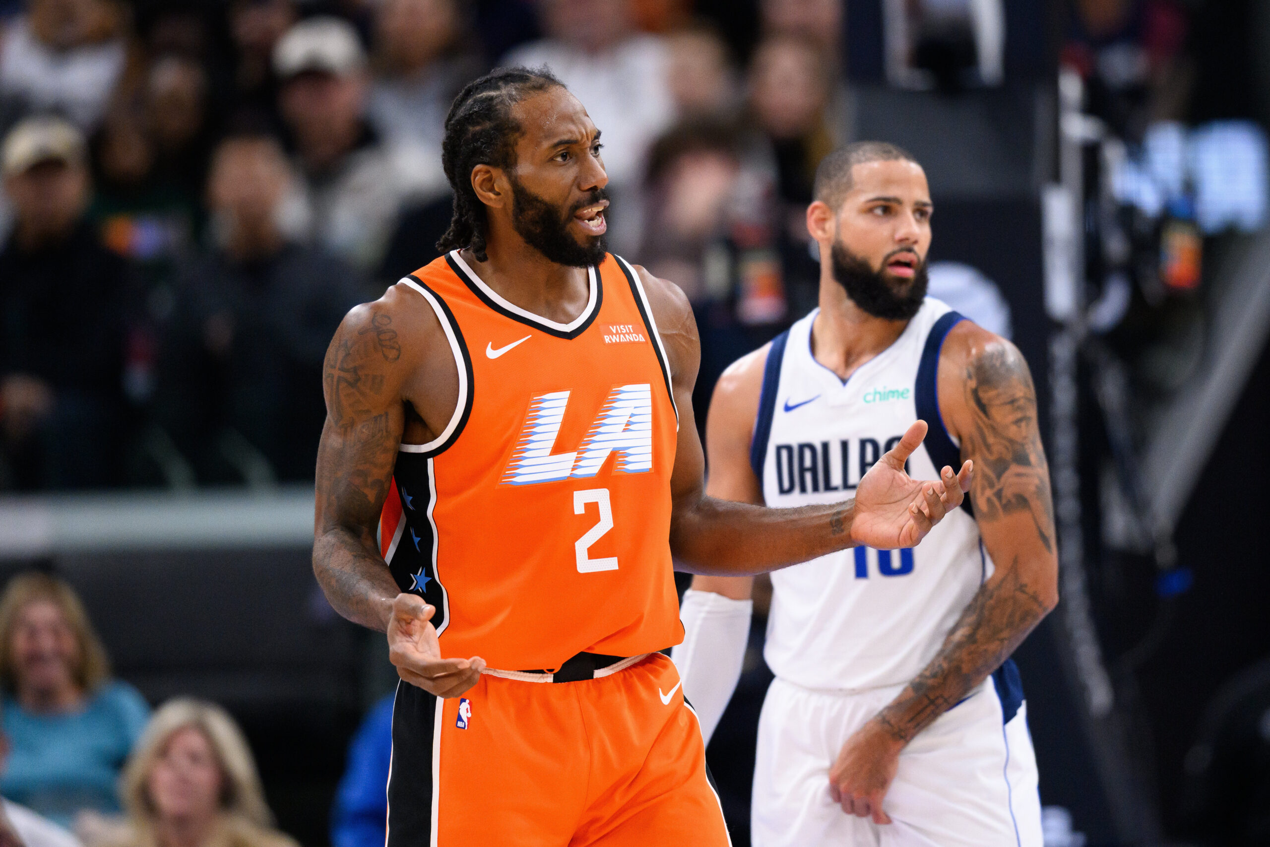 Clippers forward Kawhi Leonard (2) reacts during the first half...