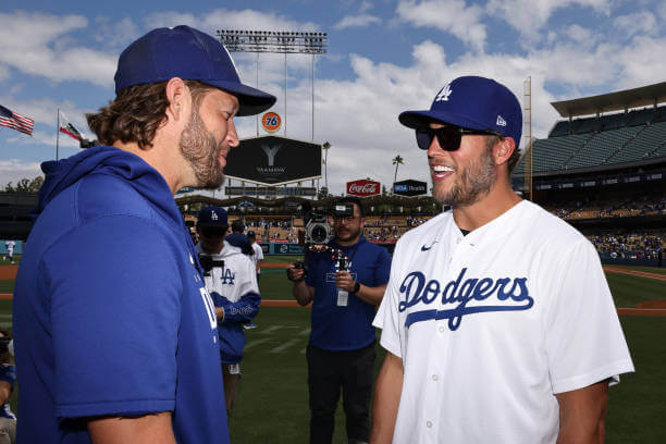 LOS ANGELES, CA - SEPTEMBER 03: Matthew Stafford #9 of the Los Angeles Rams talks to Clayton Kershaw #22 of the Los Angeles Dodgers prior to the game between the Atlanta Braves and the Los Angeles Dodgers at Dodger Stadium on Sunday, September 3, 2023 in Los Angeles, California. (Photo by Michael Owens/MLB Photos via Getty Images) Clayton Kershaw, Matthew Stafford, Rams, Dodgers