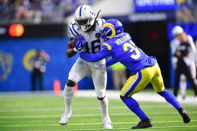 Sep 28, 2025; Inglewood, California, USA; Indianapolis Colts wide receiver Ashton Dulin (16) runs the ball against Los Angeles Rams cornerback Darious Williams (31) during the second half at SoFi Stadium. Mandatory Credit: Gary A. Vasquez-Imagn Images Darious Williams, Rams