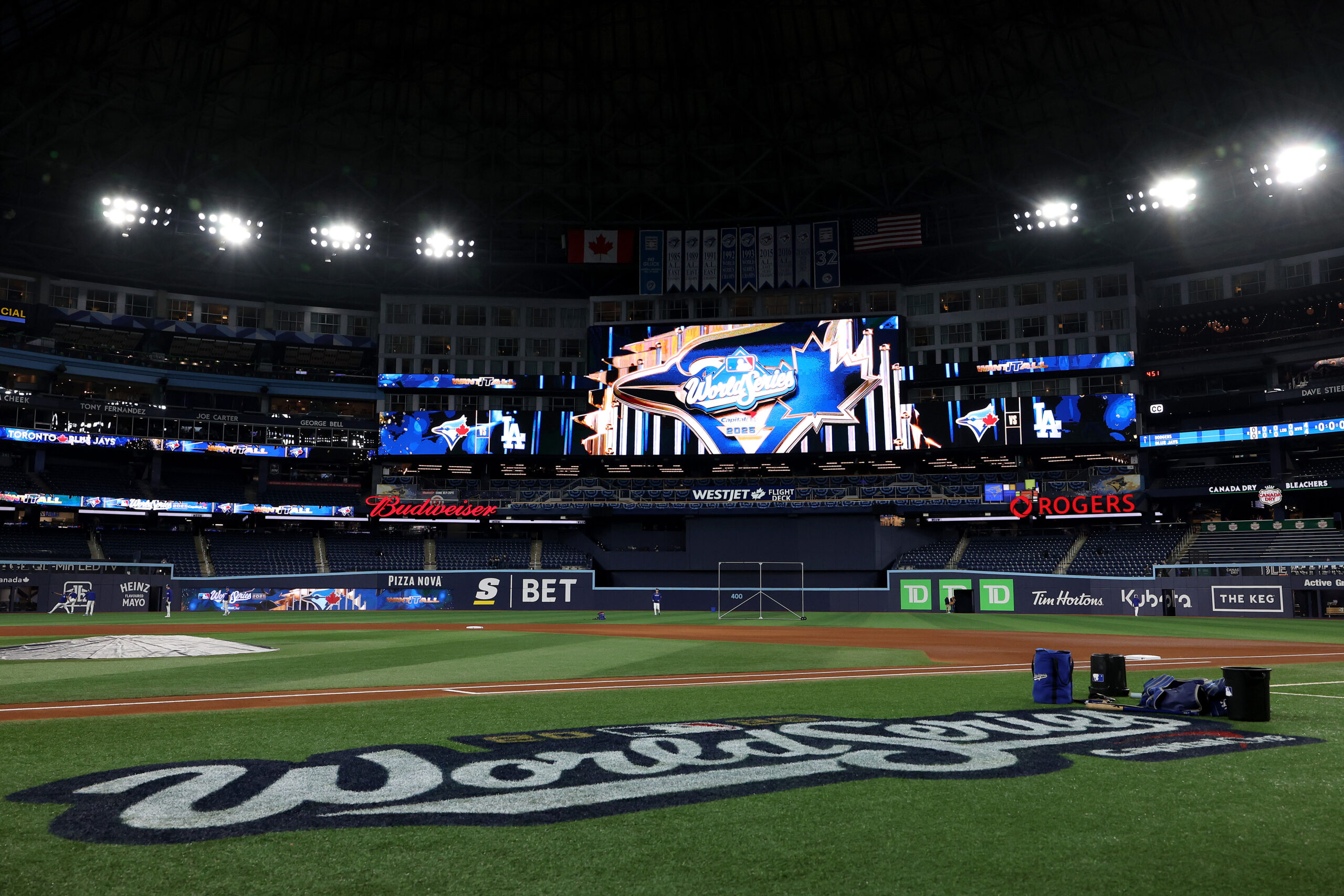 A general view of the Rogers Centre warms up before...