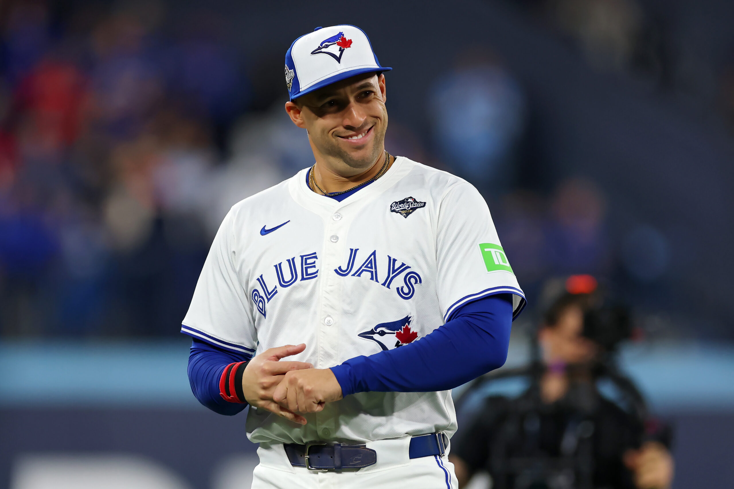 Toronto Blue Jays outfielder/DH George Springer looks on before Game...
