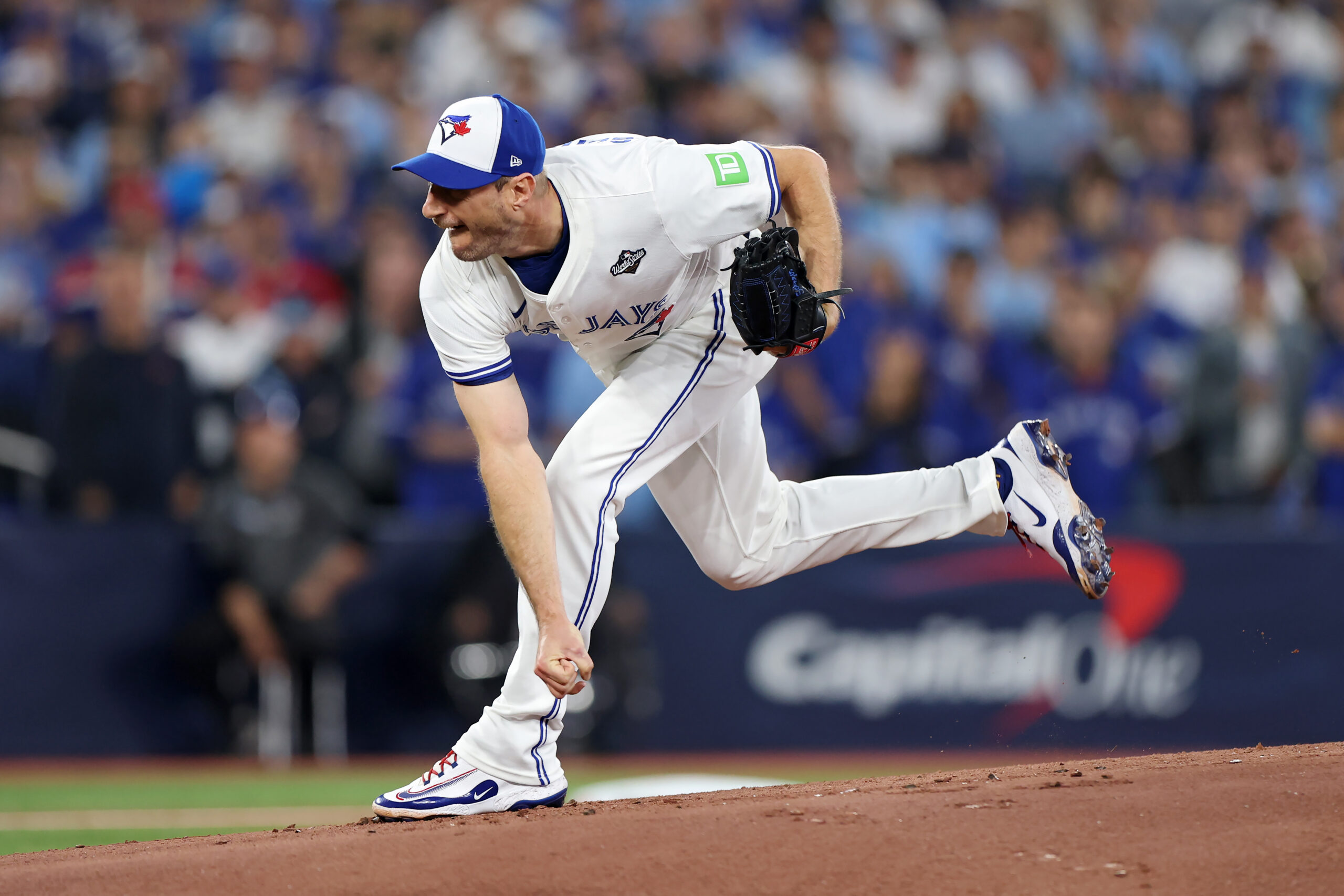 Toronto Blue Jays starting pitcher Max Scherzer throws to the...