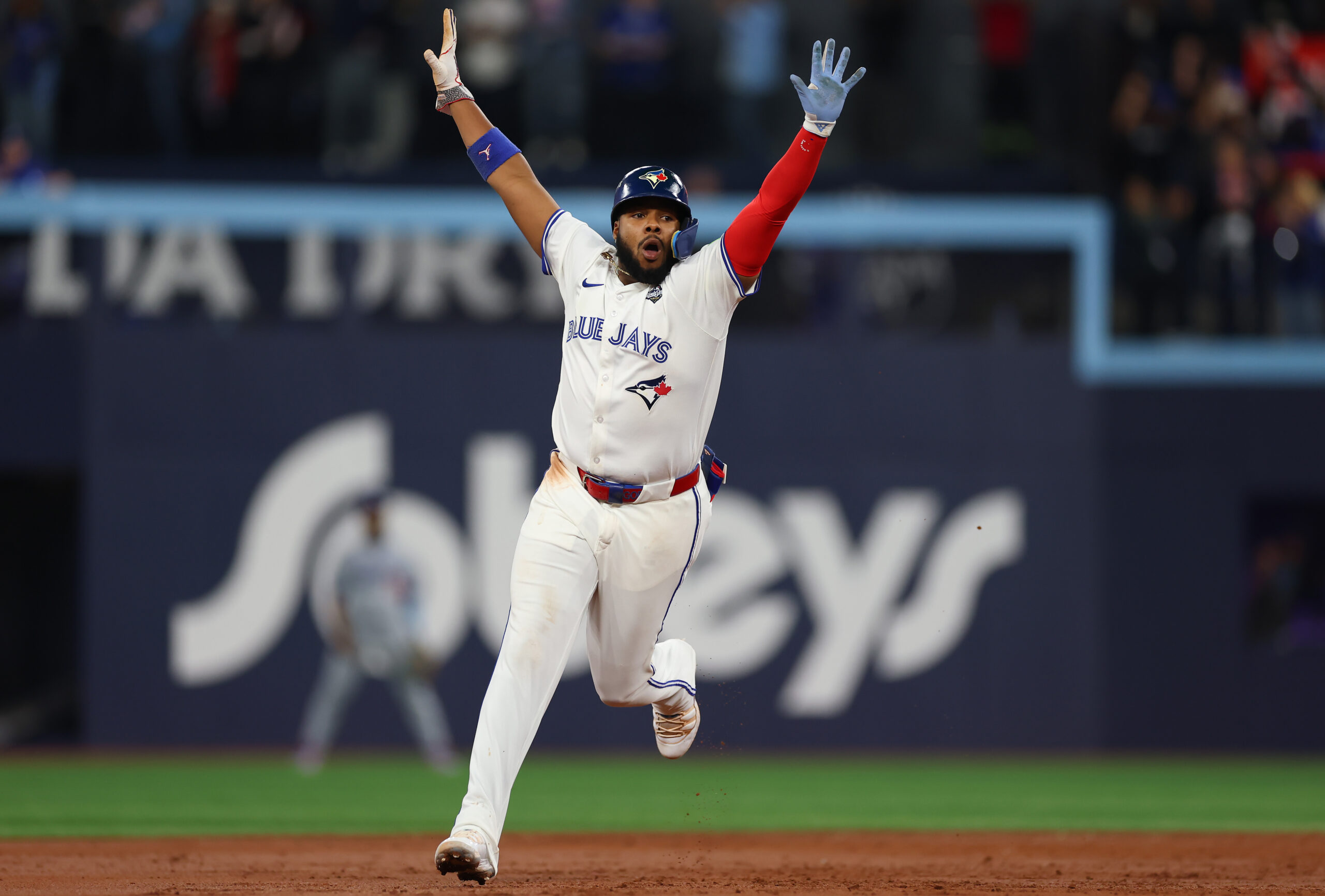 The Toronto Blue Jays’ Vladimir Guerrero Jr. celebrates as he...