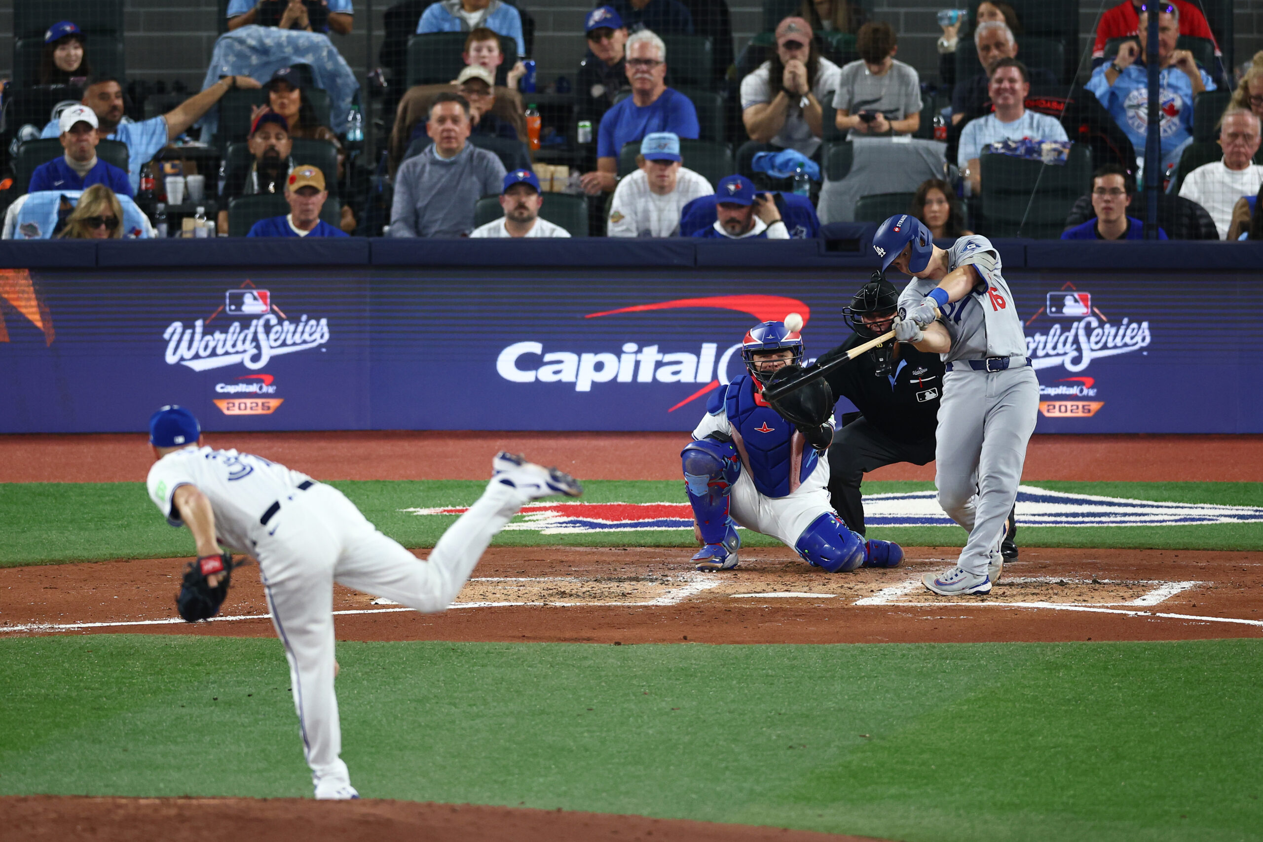 The Dodgers’ Will Smith hits a double off of Toronto...