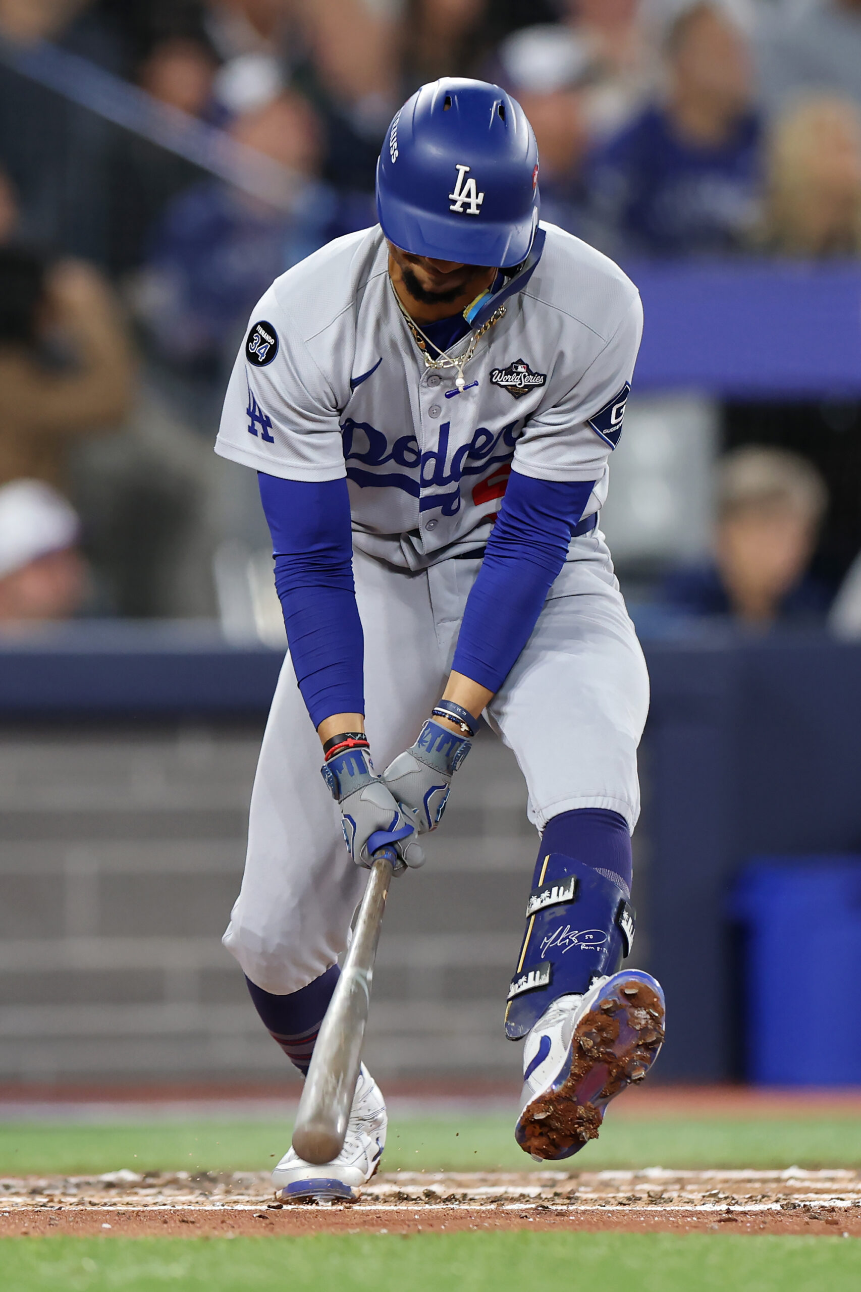 The Dodgers’ Mookie Betts reacts after flying out during the...