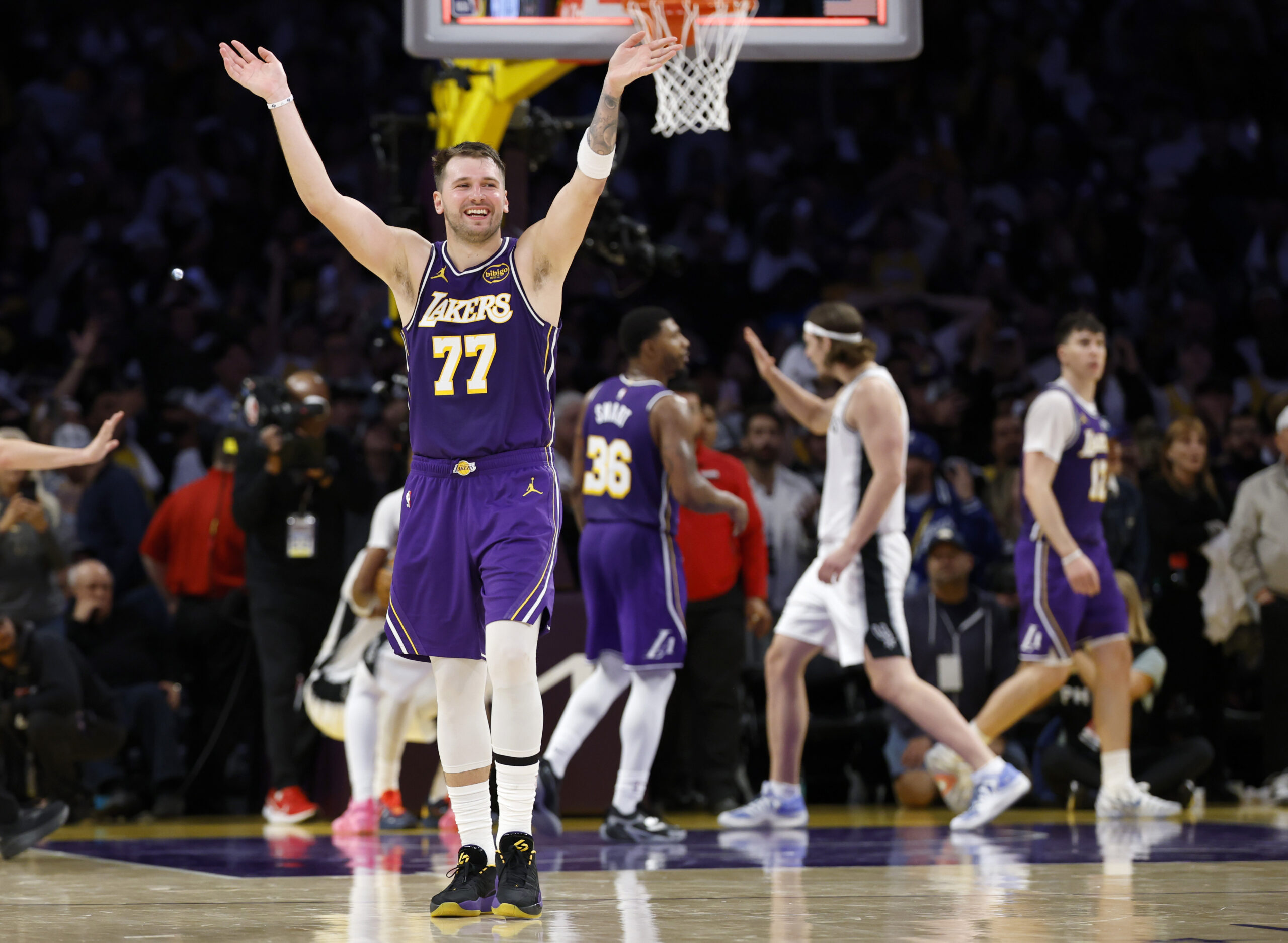 Lakers star Luka Doncic reacts during during the second half...