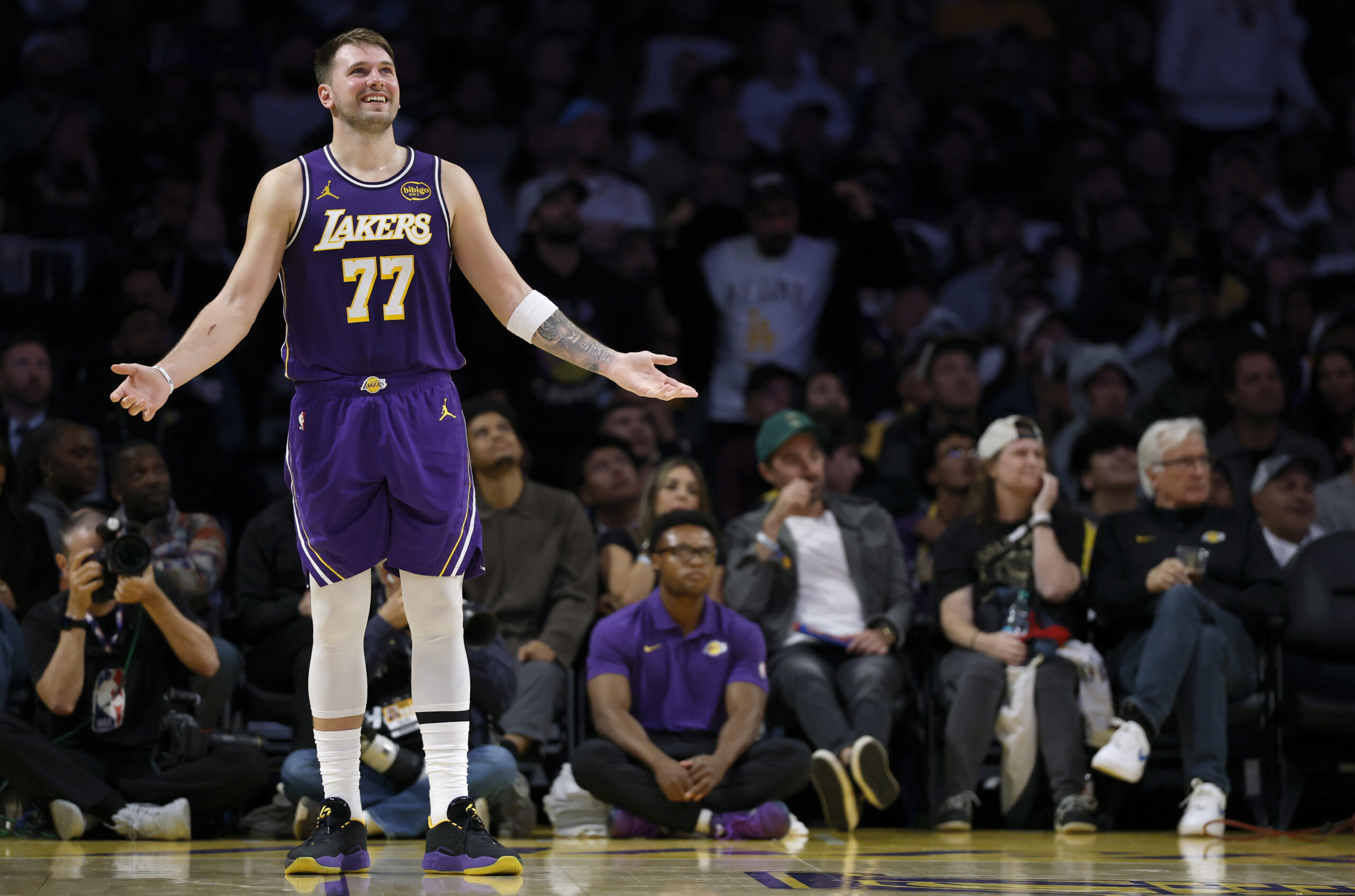 Lakers star Luka Doncic reacts after a Laker foul during...
