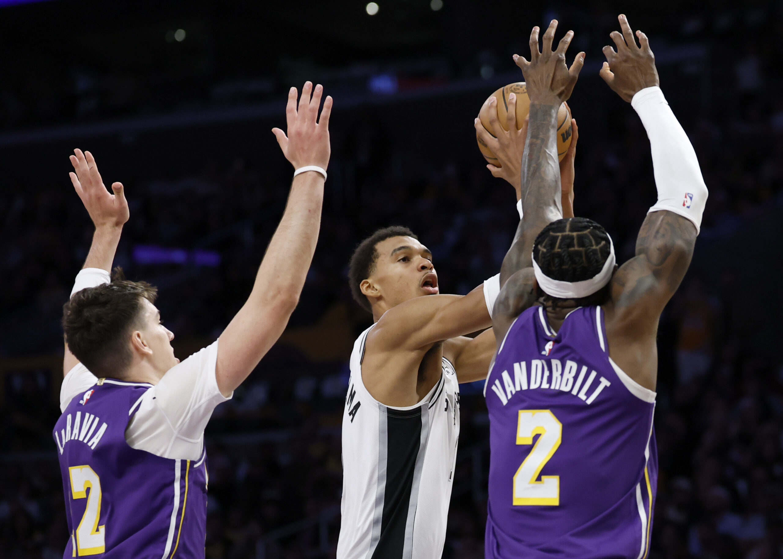 San Antonio Spurs star Victor Wembanyama looks to shoot in...