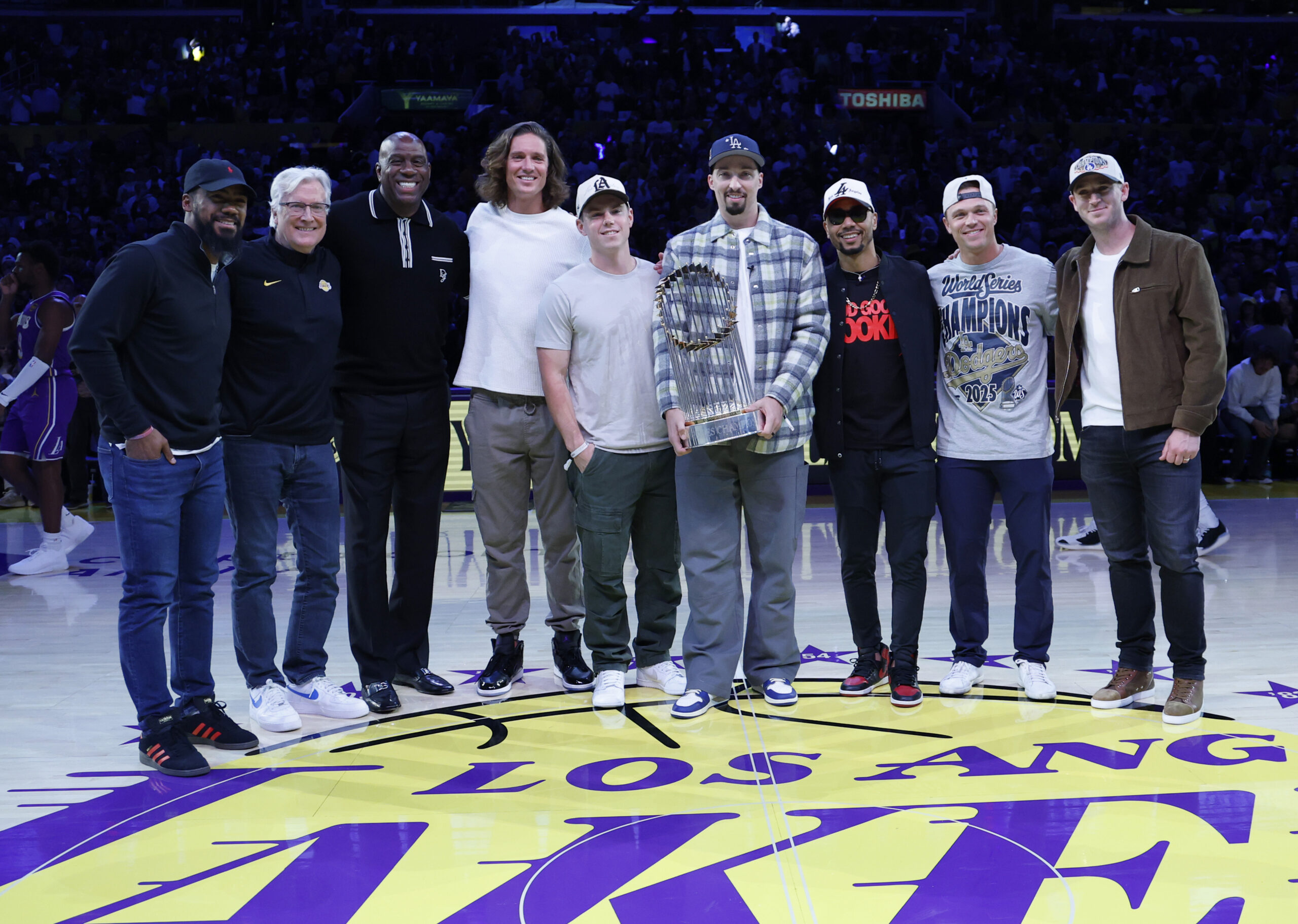 From left, Dodgers outfielder Teoscar Hernandez, owner Mark Walters, minority...