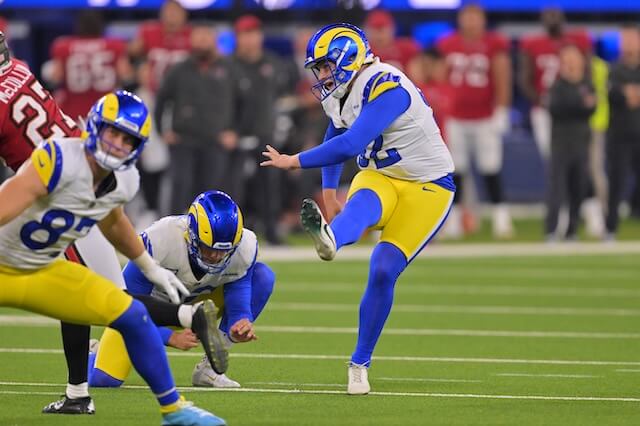 Nov 23, 2025; Inglewood, California, USA; Los Angeles Rams placekicker Harrison Mevis (92) kicks a forty-yard field goal held by punter Ethan Evans (42) against the Tampa Bay Buccaneers during the second quarter at SoFi Stadium. Mandatory Credit: Jayne Kamin-Oncea-Imagn Images Harrison Mevis, Rams