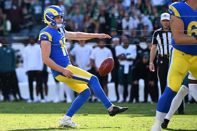 Sep 21, 2025; Philadelphia, Pennsylvania, USA; Los Angeles Rams kicker Joshua Karty (16) has a field goal blocked by and returned for a touchdown by Philadelphia Eagles defensive tackle Jordan Davis (not pictured) during the second half at Lincoln Financial Field. Mandatory Credit: Eric Hartline-Imagn Images Joshua Karty, Rams, Eagles