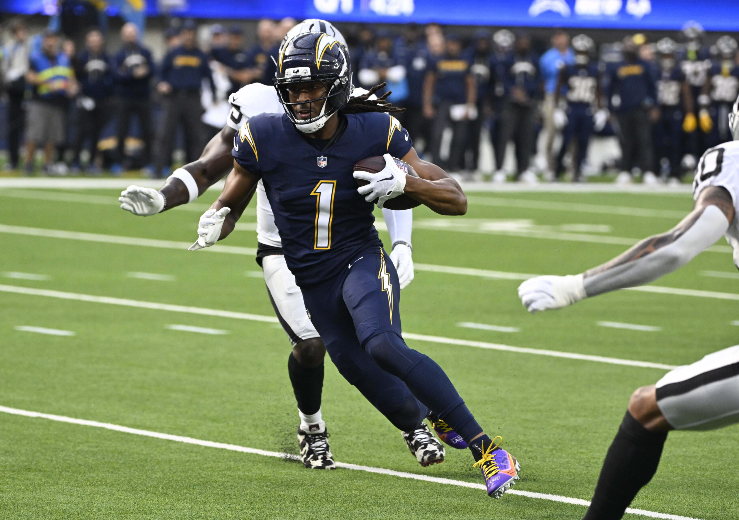 Wide receiver Quentin Johnston #1 of the Los Angeles Chargers...