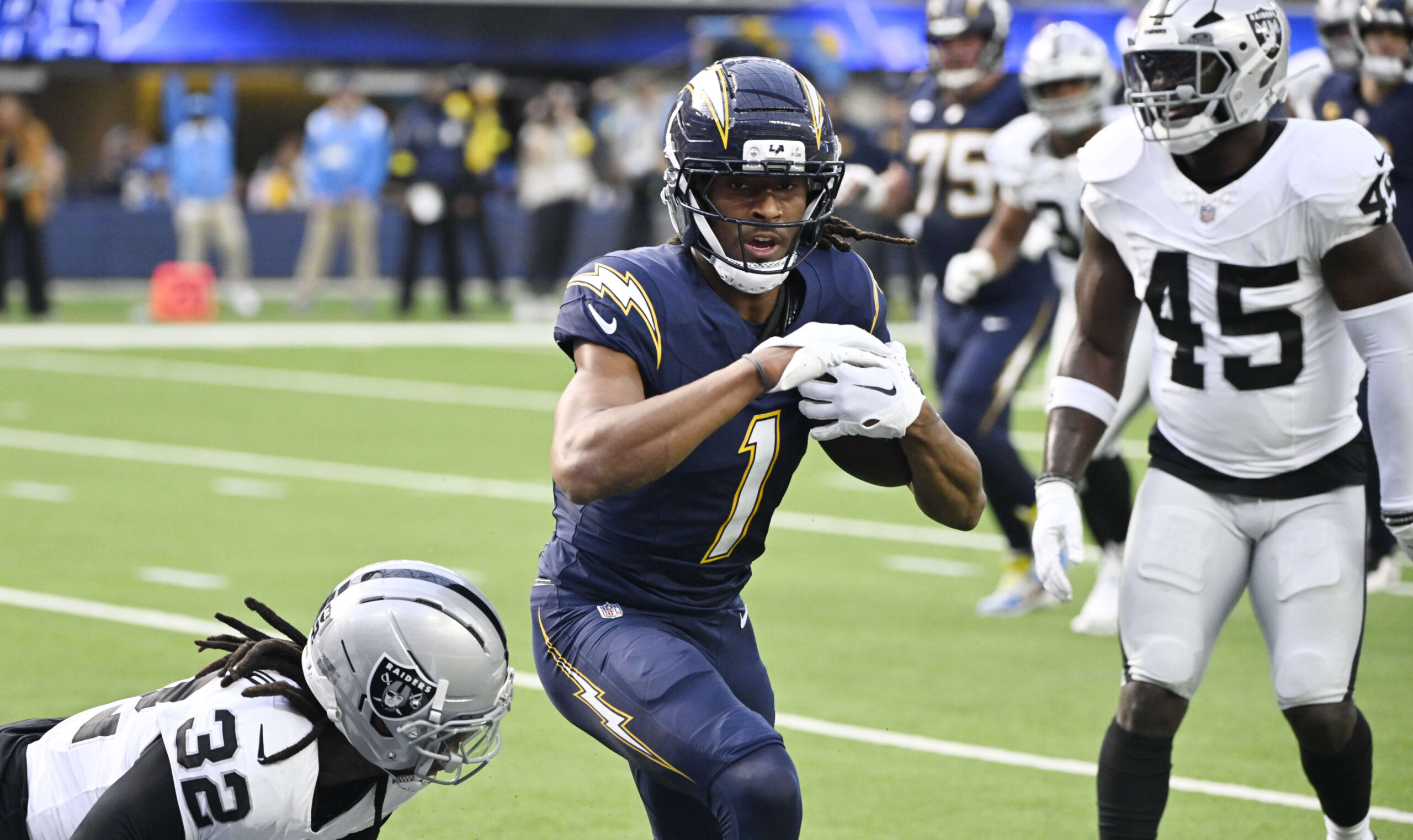 Wide receiver Quentin Johnston #1 of the Los Angeles Chargers...