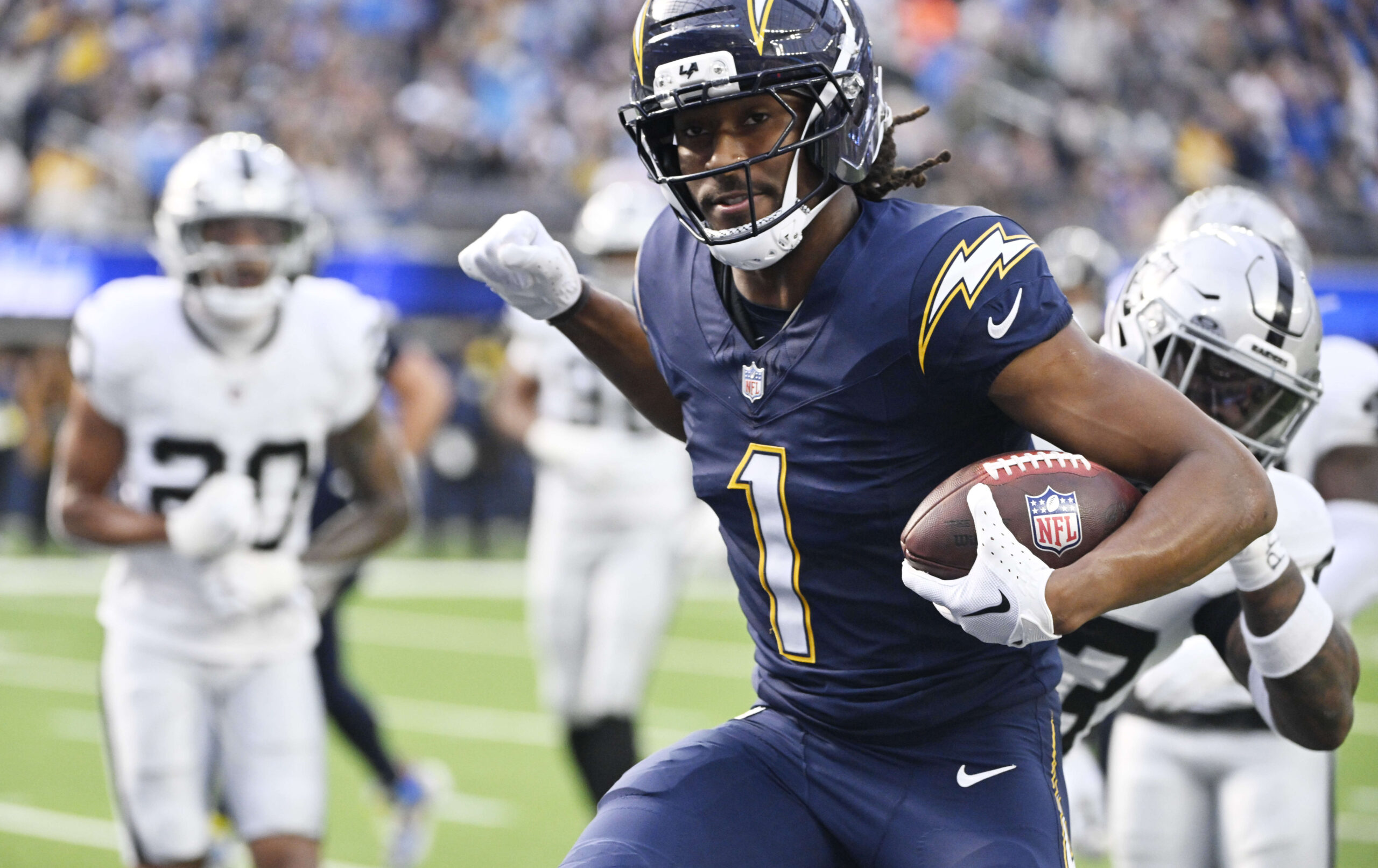 Wide receiver Quentin Johnston #1 of the Los Angeles Chargers...
