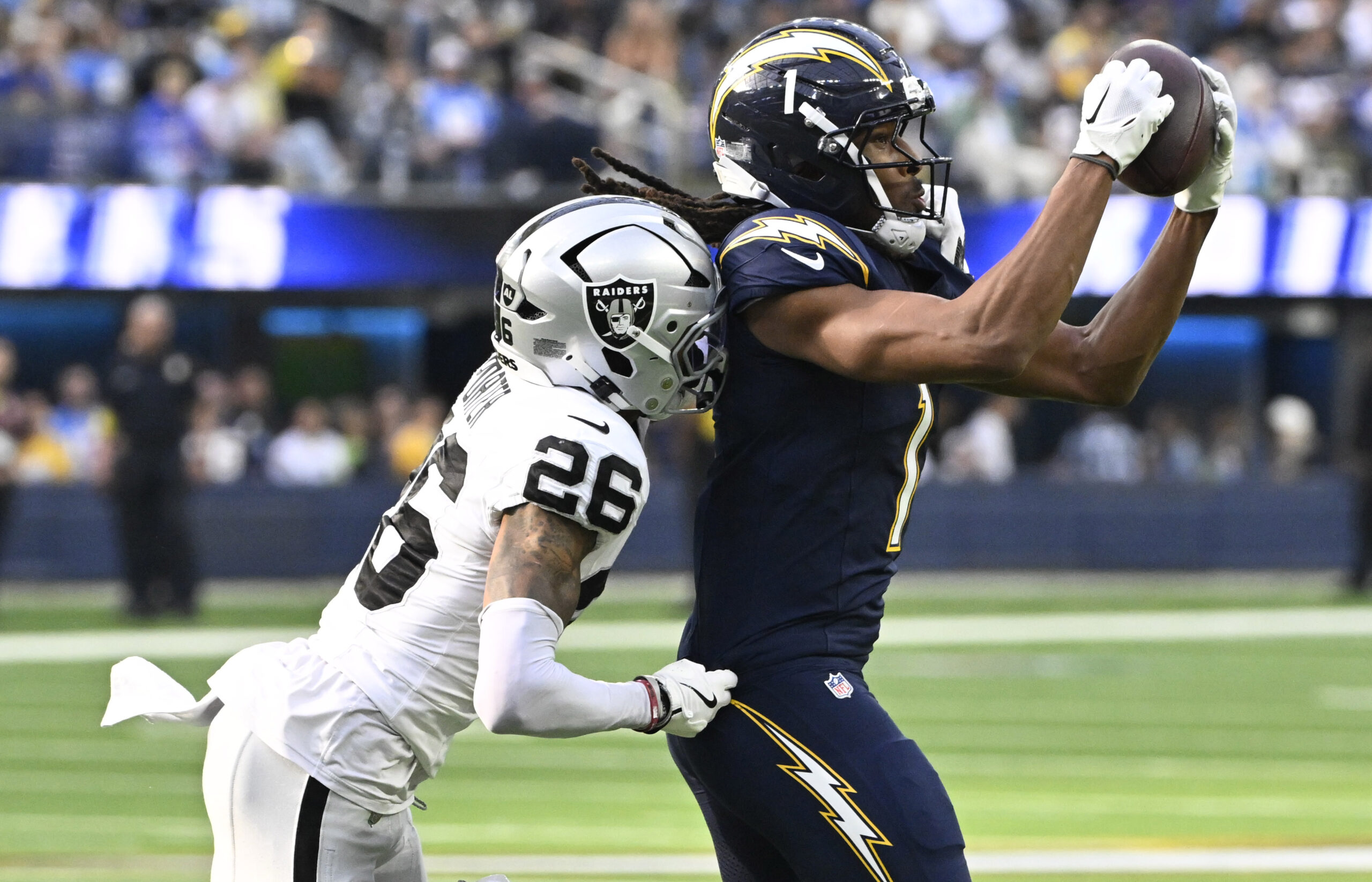 Wide receiver Quentin Johnston #1 of the Los Angeles Chargers...