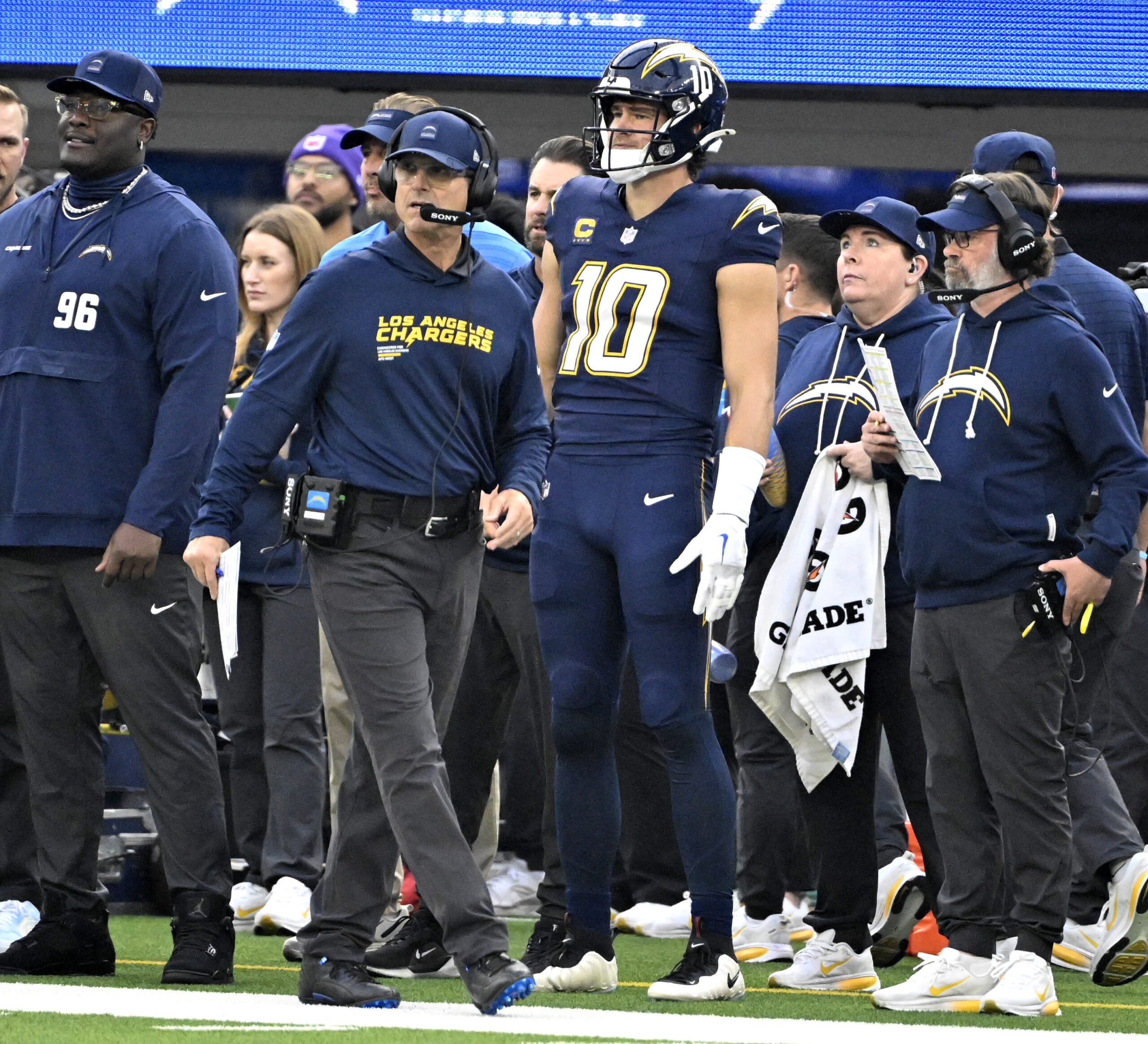 Head coach Jim Harbaugh of the Los Angeles Chargers with...
