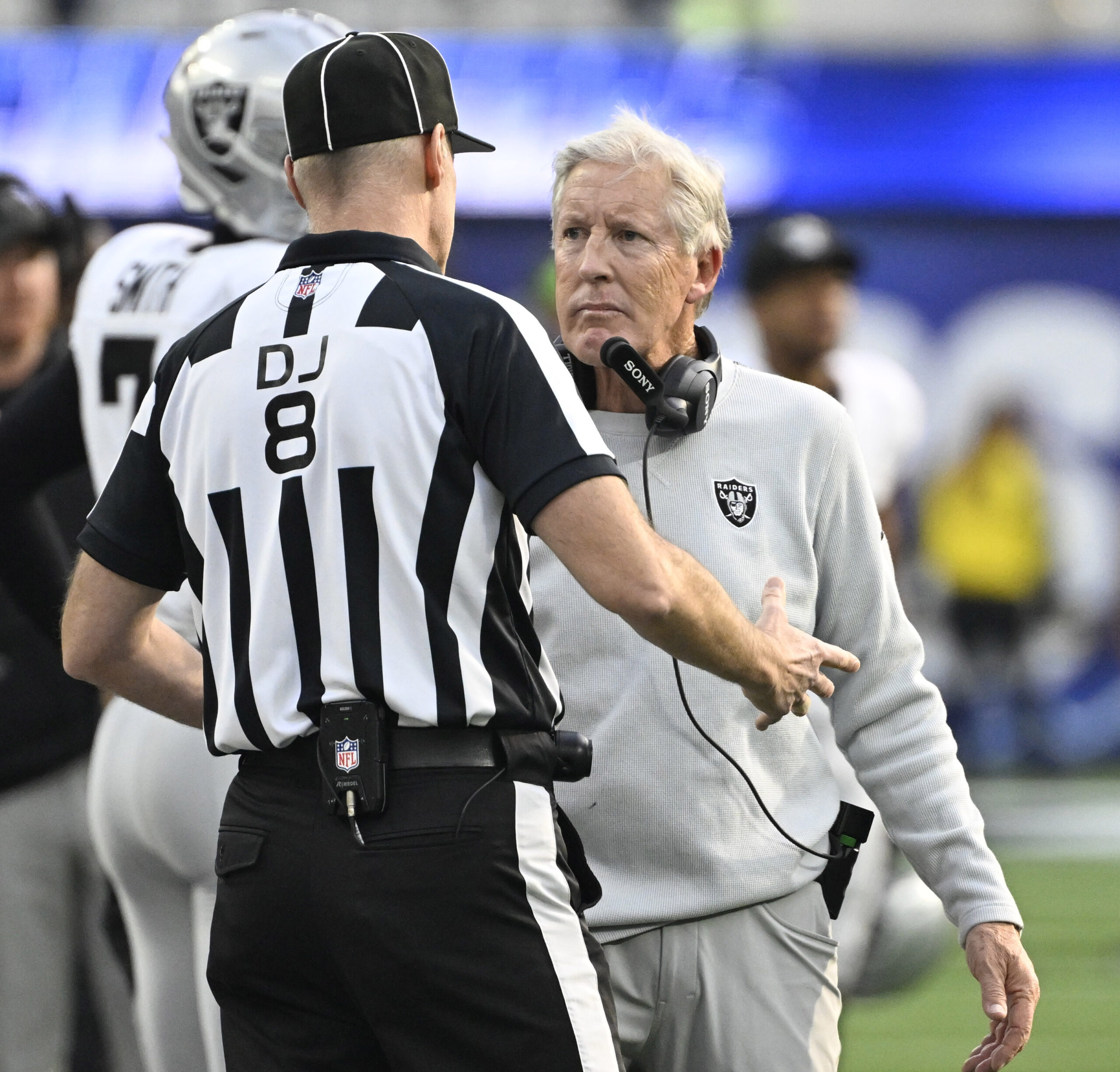 Head coach Pete Carroll of the Las Vegas Raiders talks...