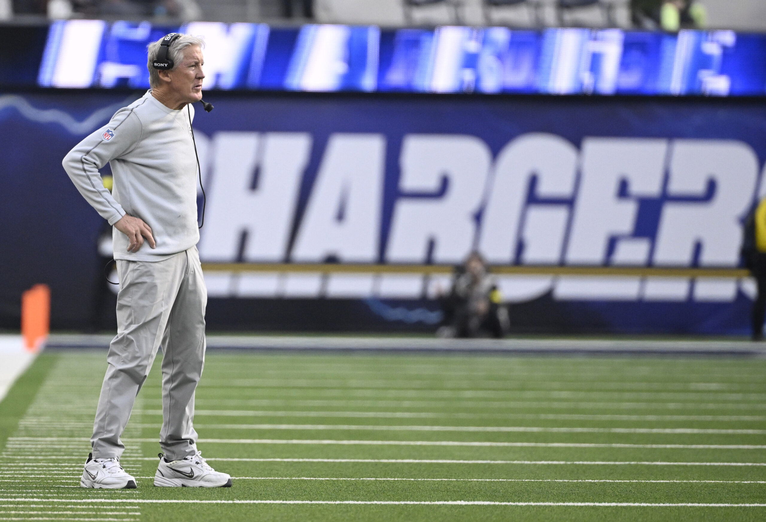 Head coach Pete Carroll of the Las Vegas Raiders looks...