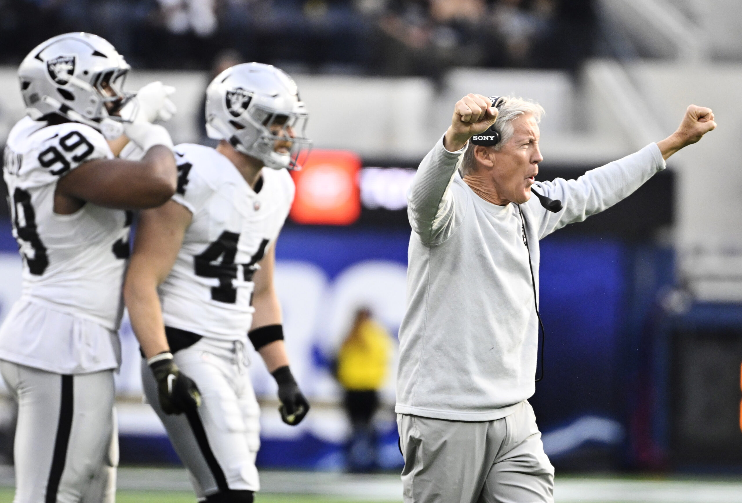 Head coach Pete Carroll of the Las Vegas Raiders reacts...