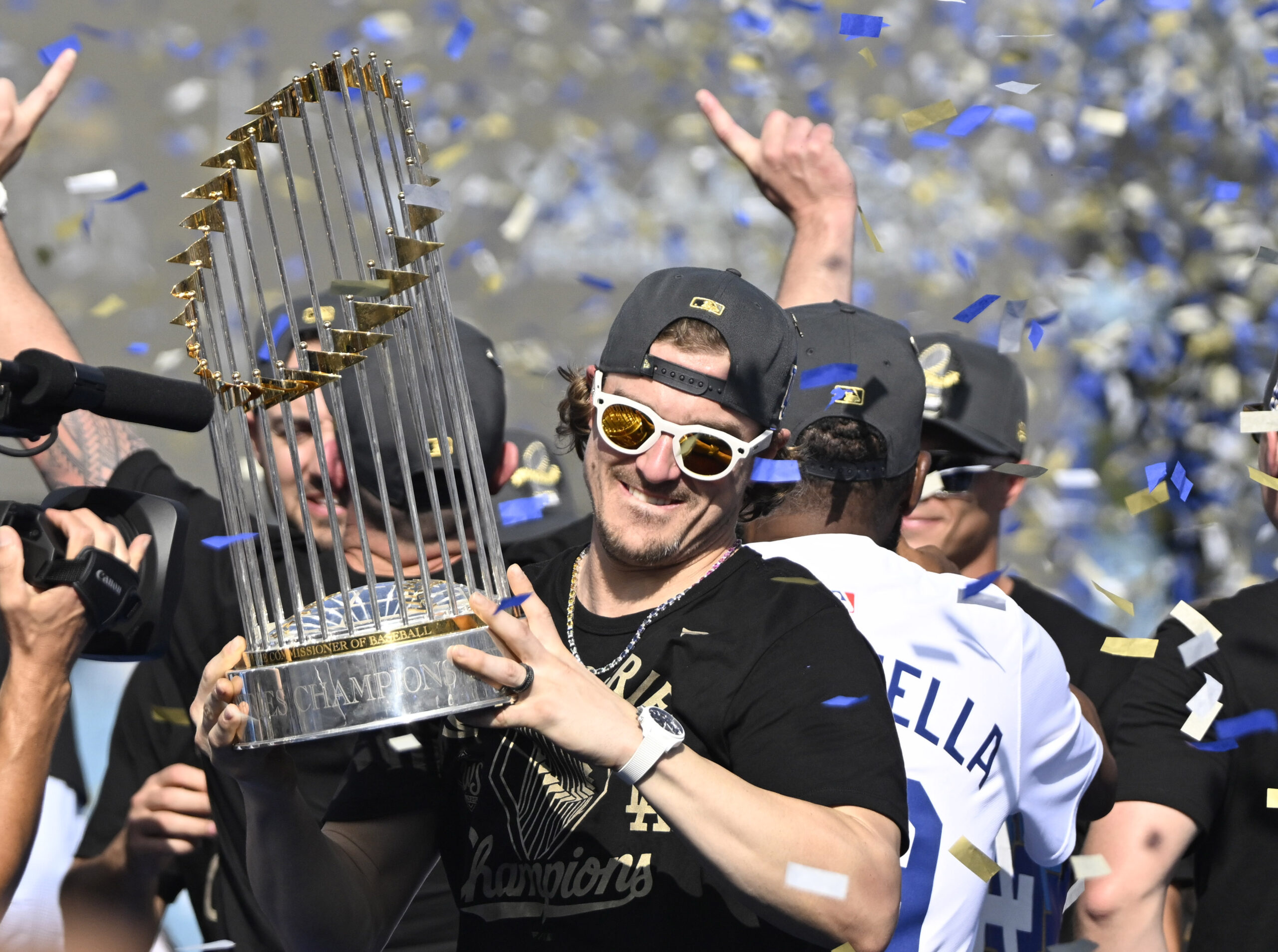 Kike Hernandez of the Los Angeles Dodgers holds p the...