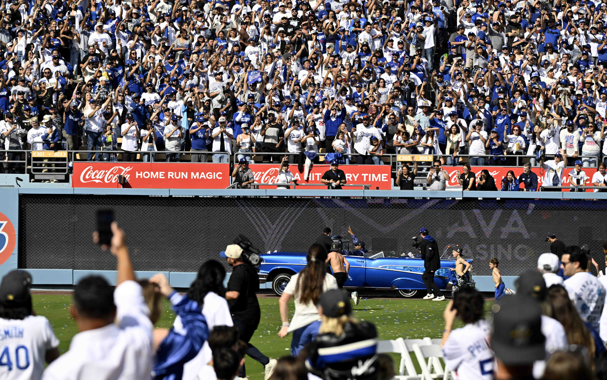 during a celebration of the Los Angeles Dodgers back to...