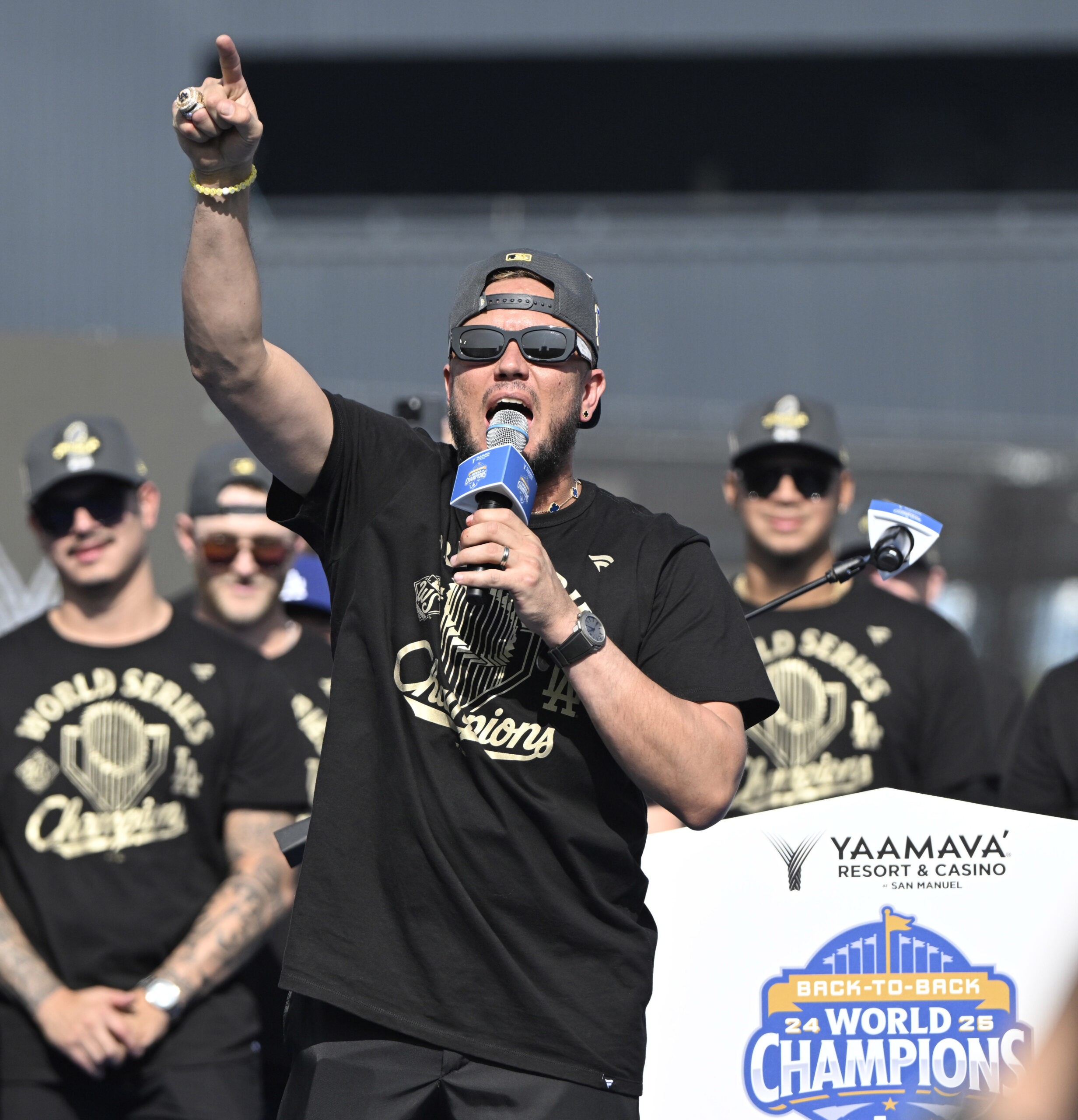 Miguel Rojas of the Los Angeles Dodgers speaks to the...