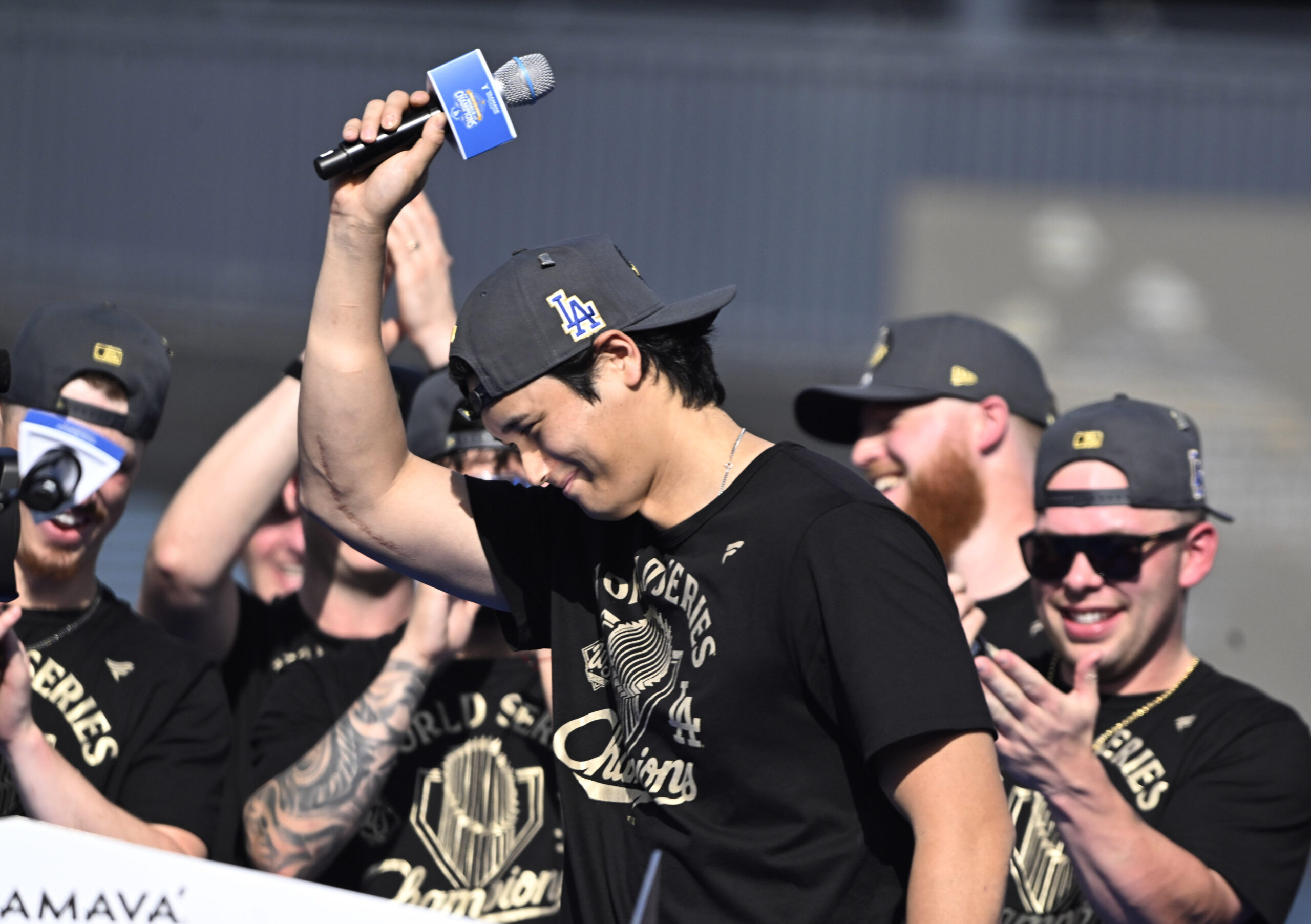 Shohei Ohtani of the Los Angeles Dodgers during a celebration...