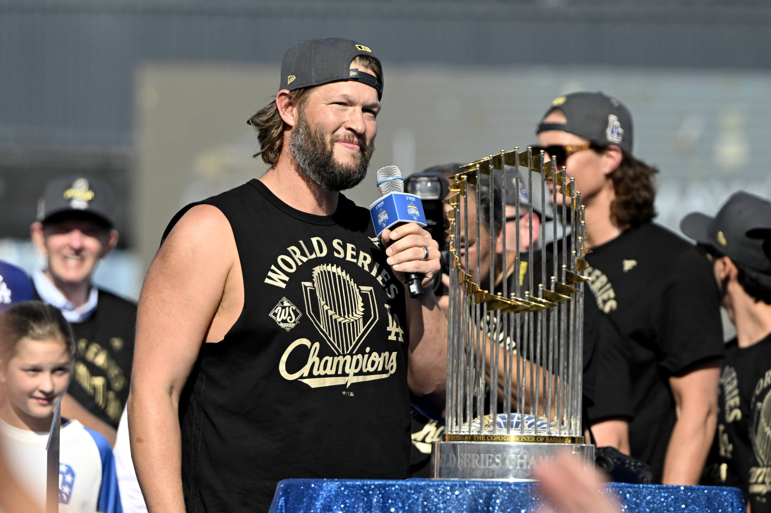 Retiring Dodgers pitcher Clayton Kershaw speaks during their 2025 World...