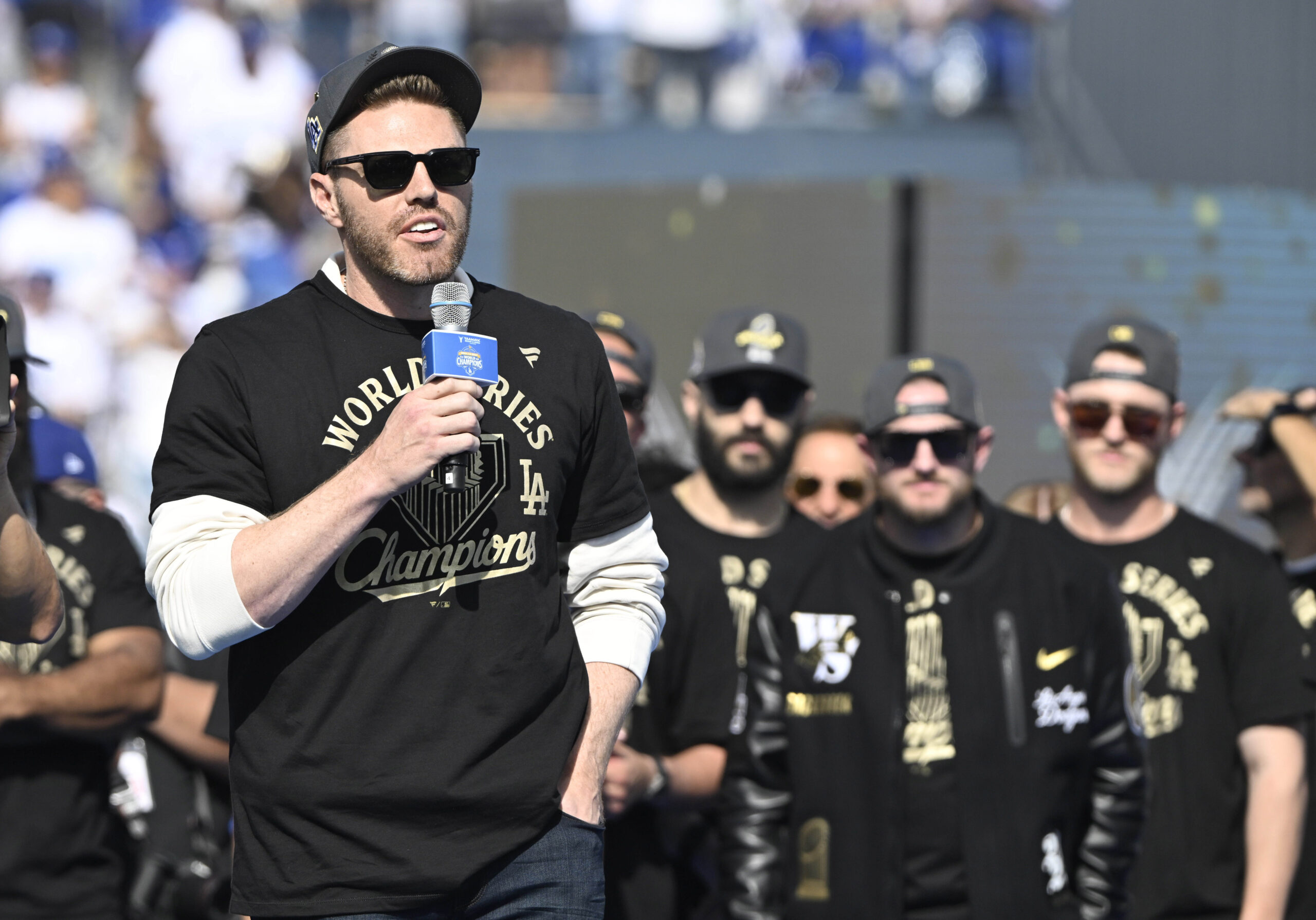 Freddie Freeman of the Los Angeles Dodgers during a celebration...