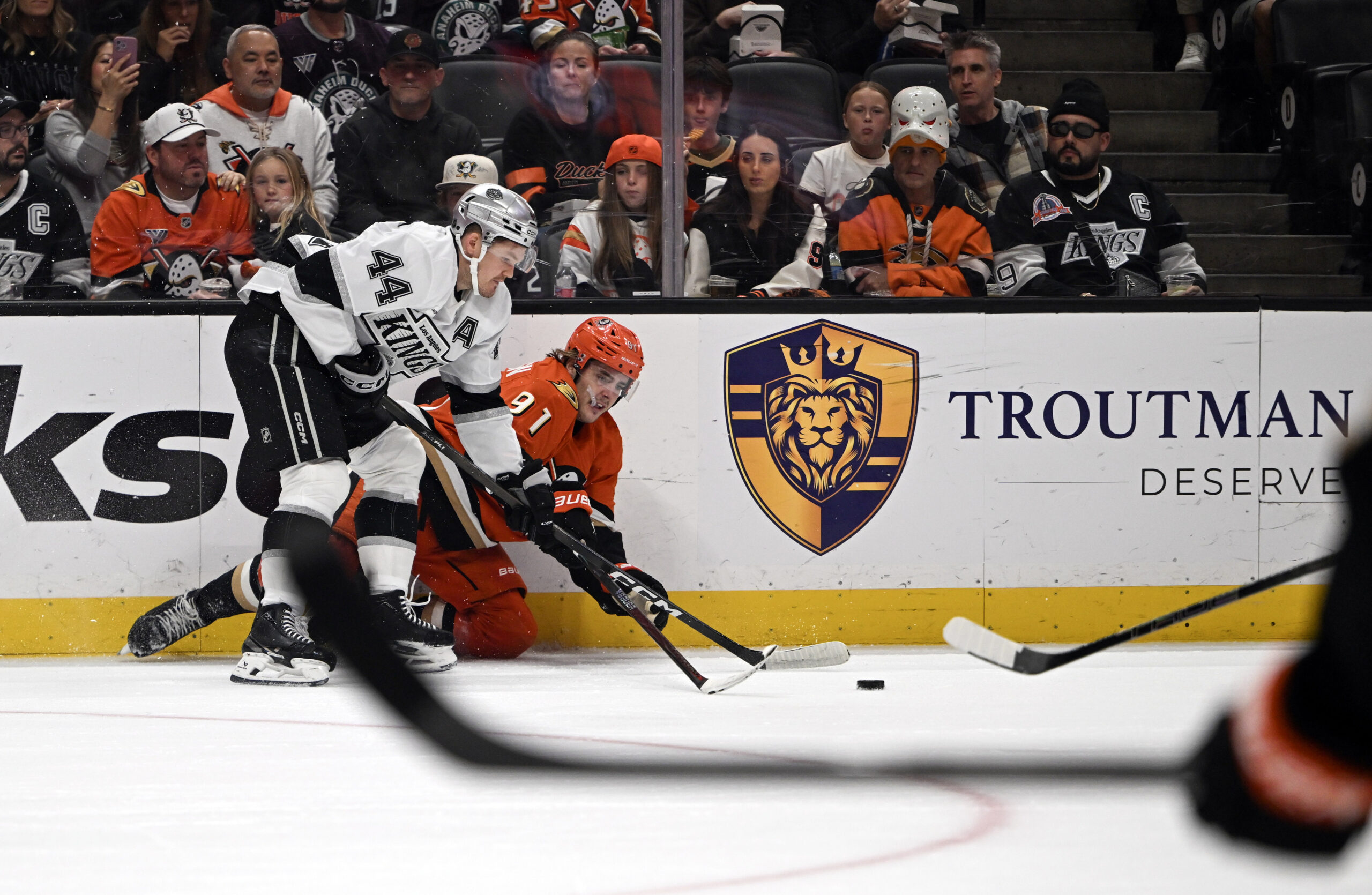 The Ducks’ Leo Carlsson, right, and the Kings’ Mikey Anderson...