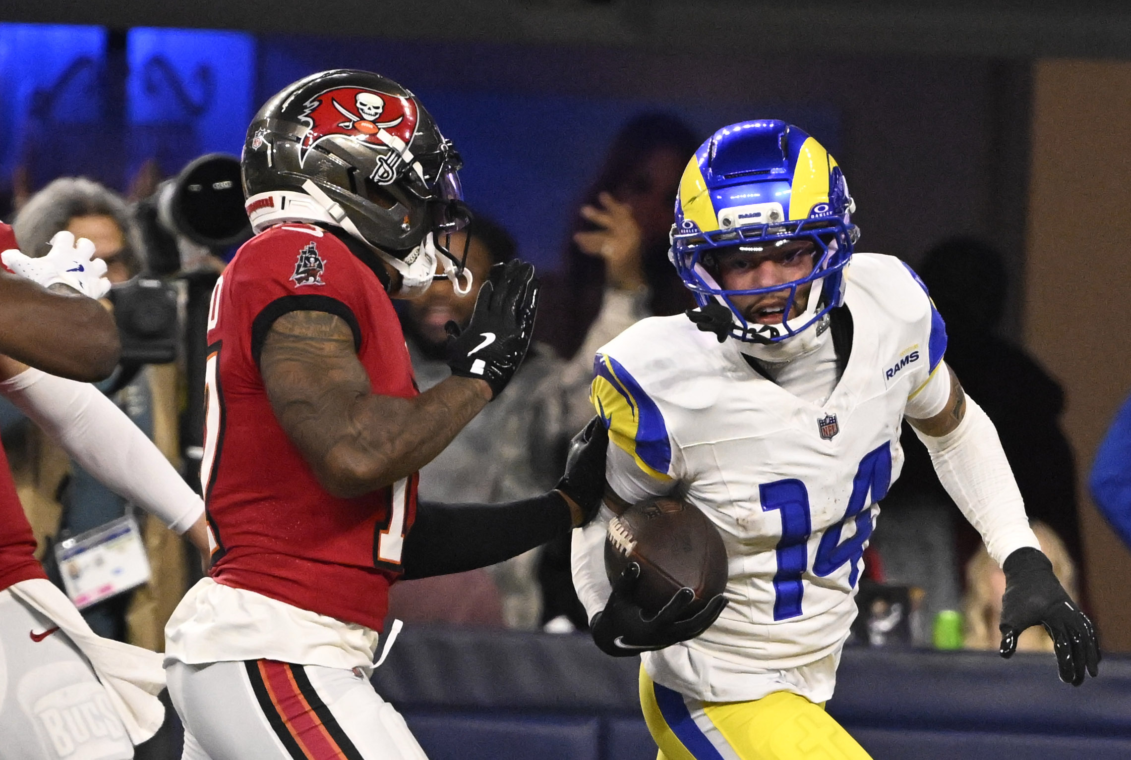 Cornerback Cobie Durant (14) of the Rams runs for the...