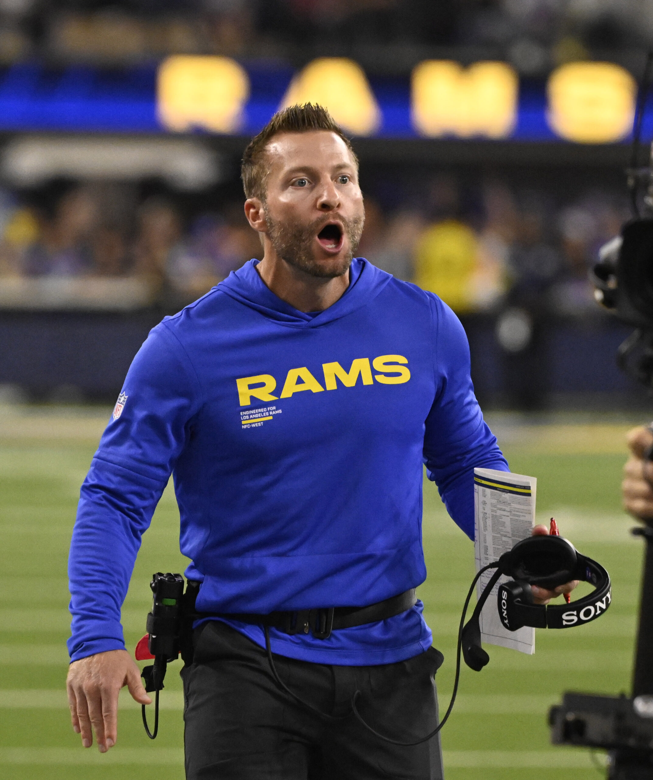 Head coach Sean McVay of the Rams reacts after a...