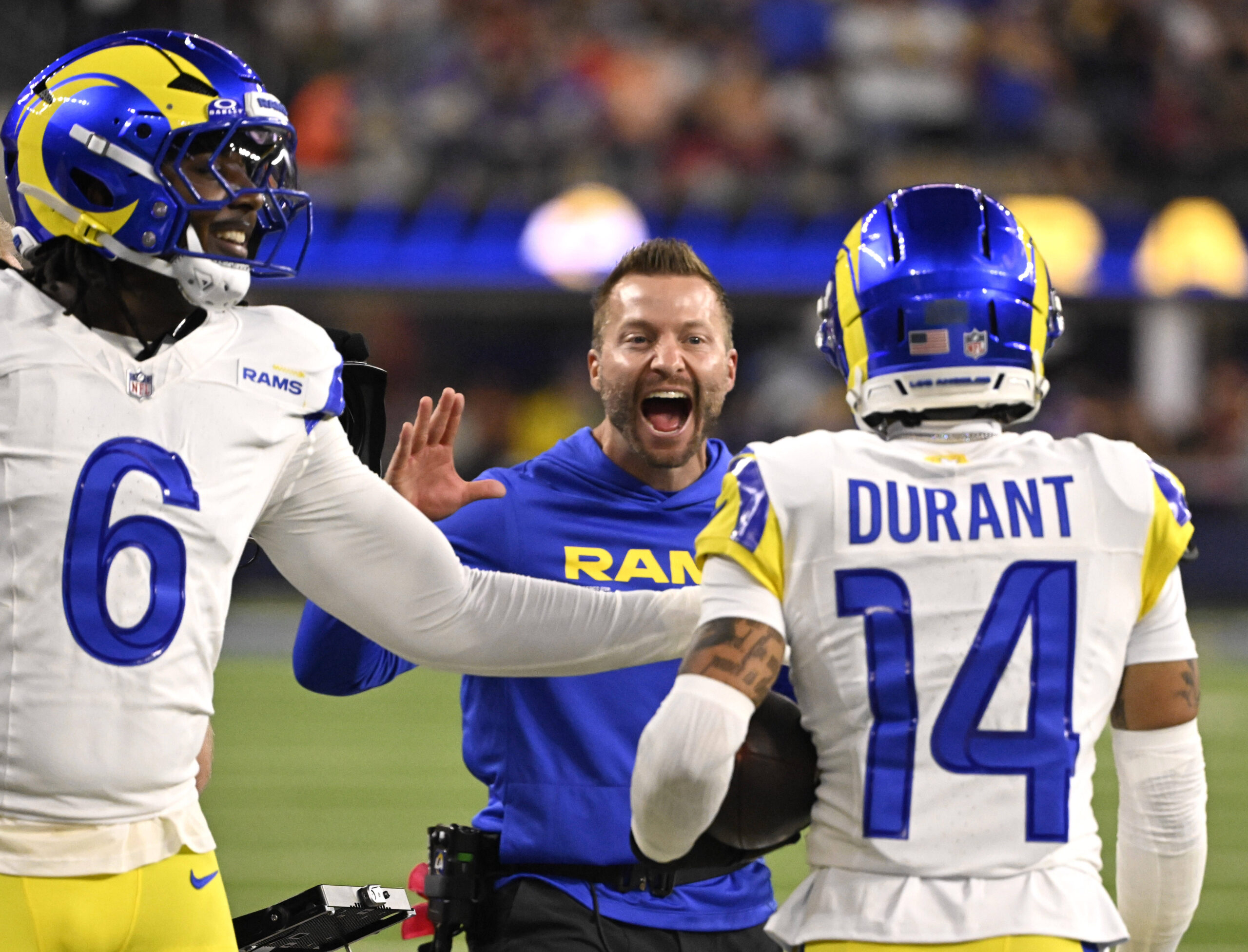 Head coach Sean McVay of the Rams reacts after a...