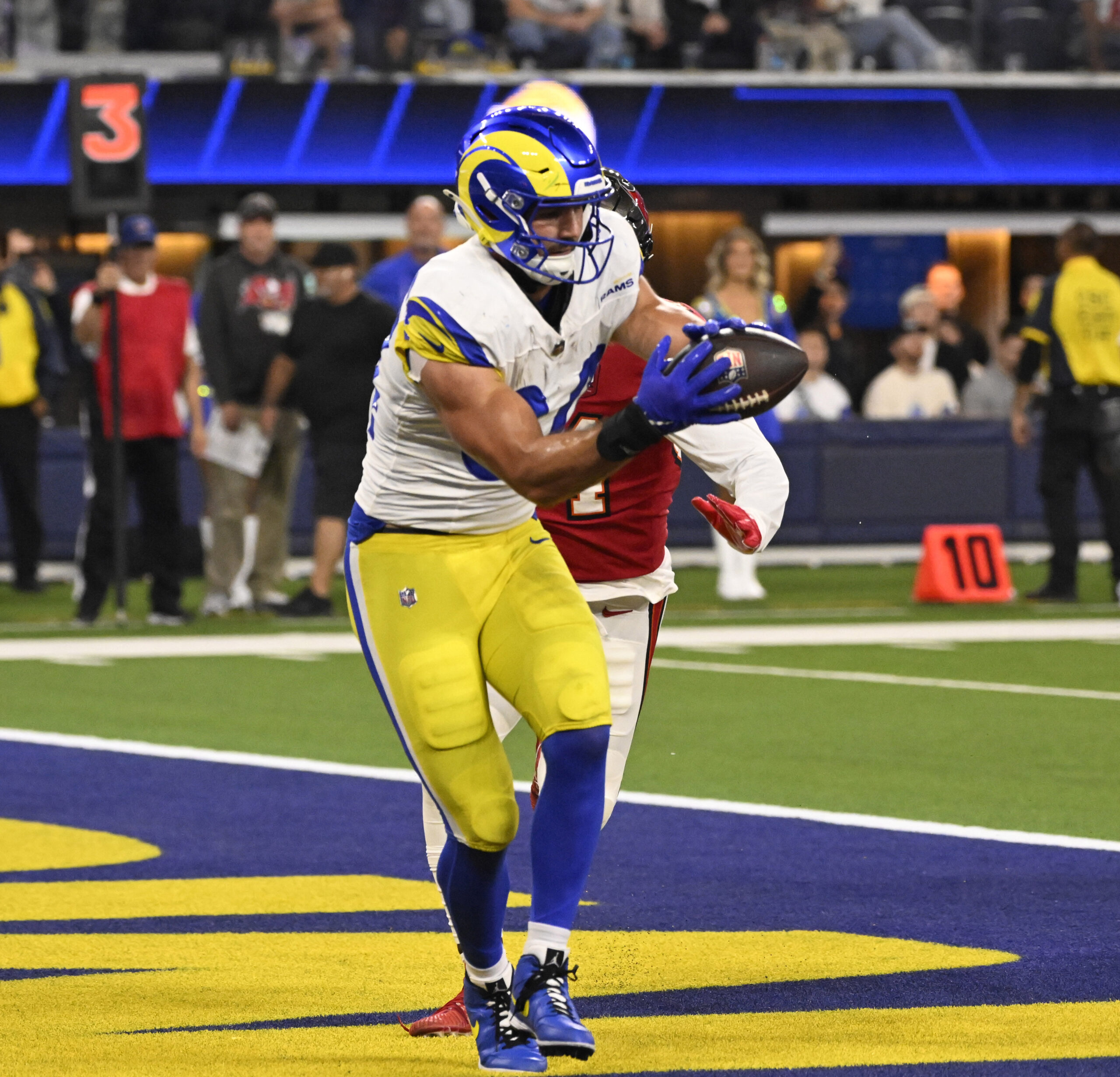 Tight end Colby Parkinson (84) of the Rams catches a...