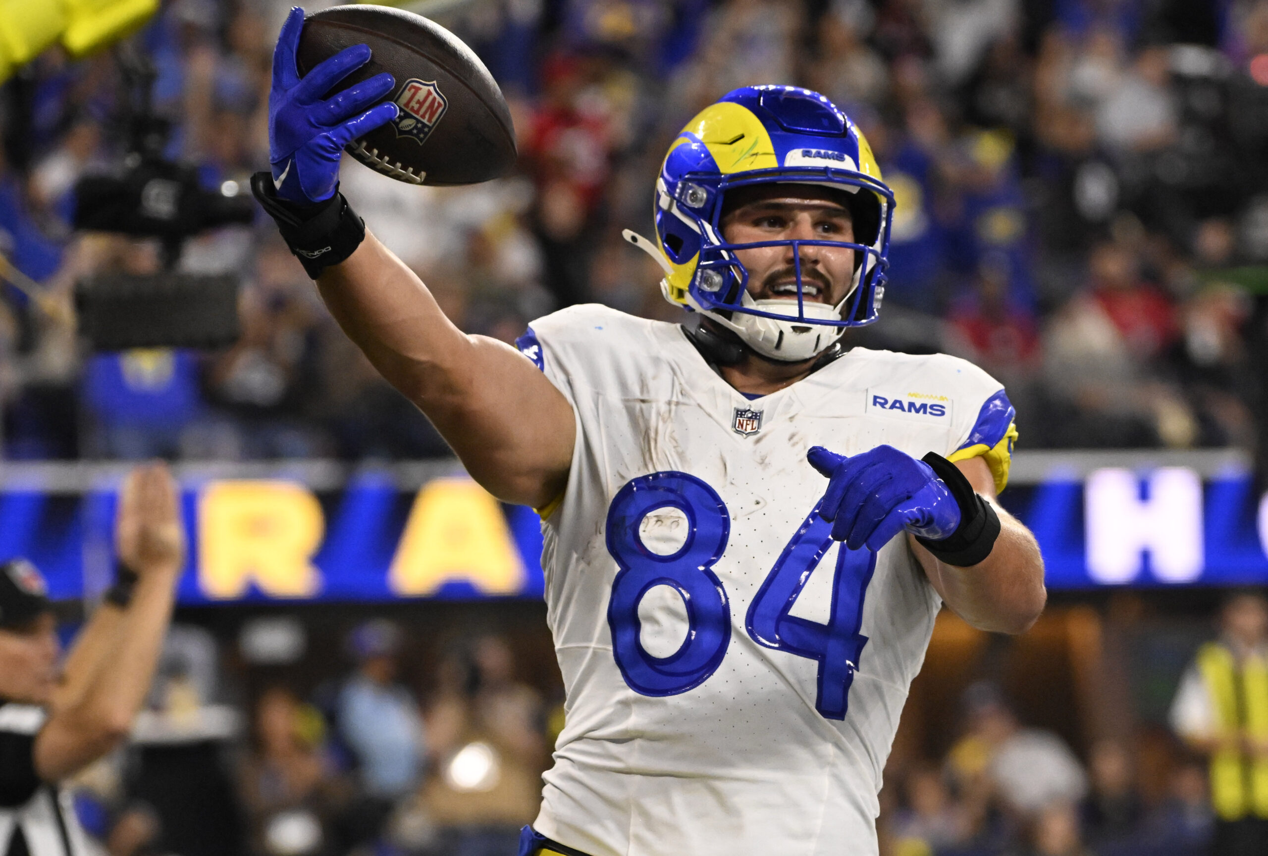 Tight end Colby Parkinson (84) of the Rams after catching...