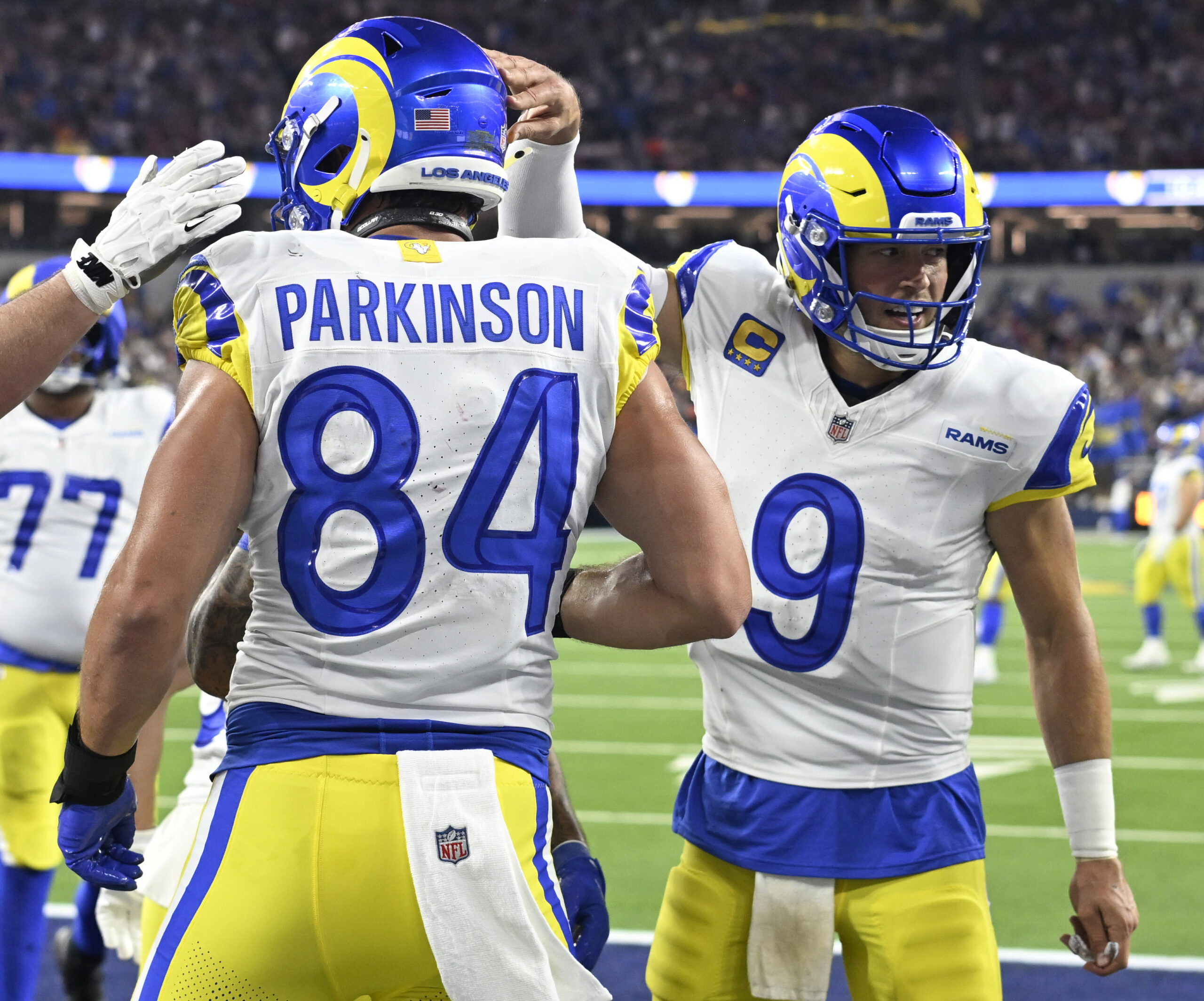 Quarterback Matthew Stafford (9) of the Rams reacts after a...