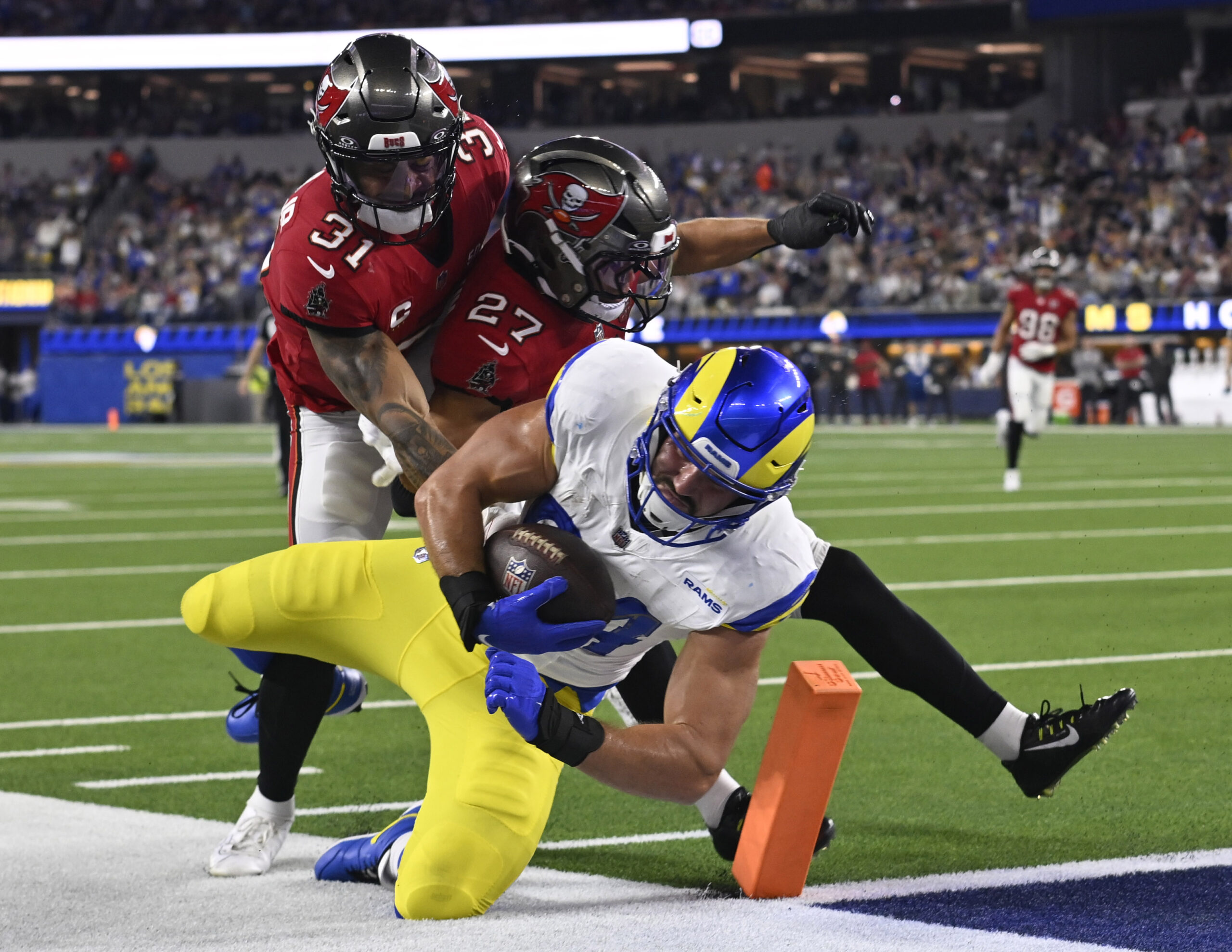 Tight end Colby Parkinson (84) of the Rams catches a...