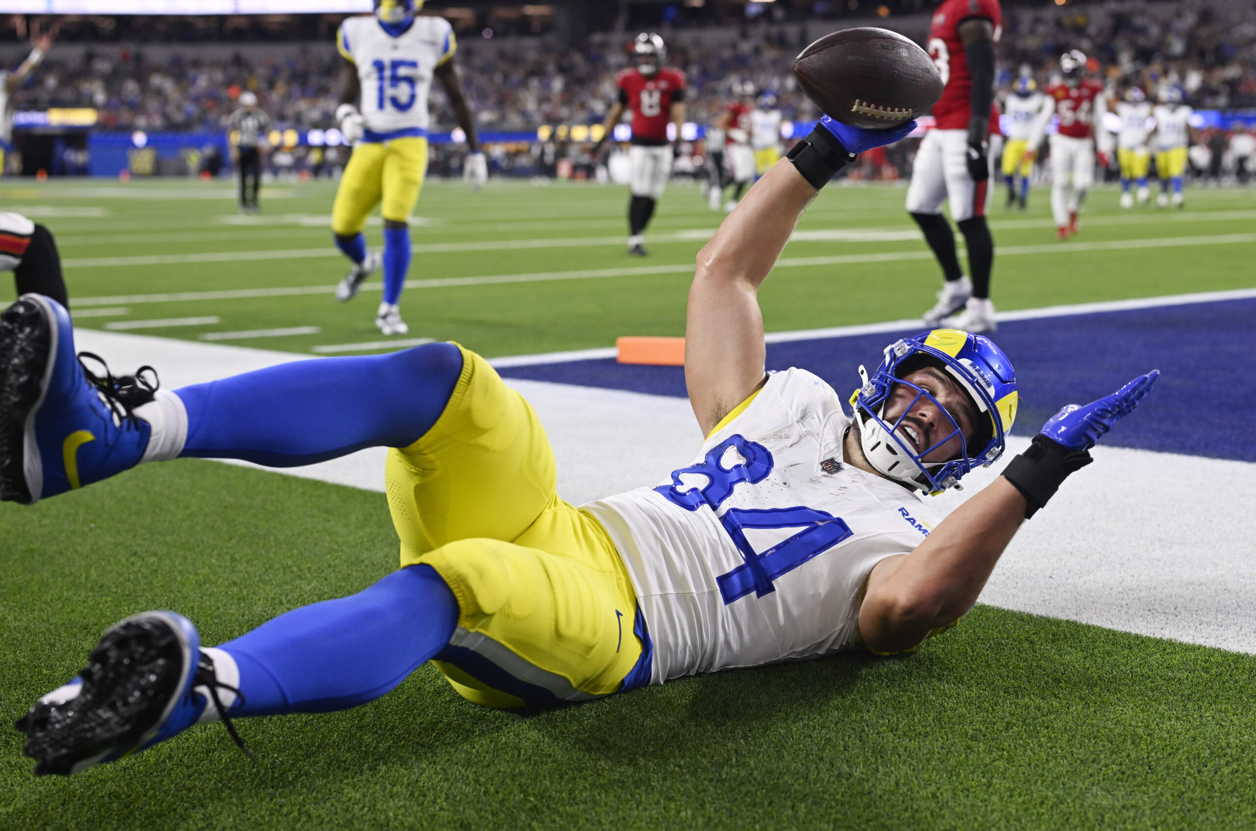 Tight end Colby Parkinson (84) of the Rams catches a...